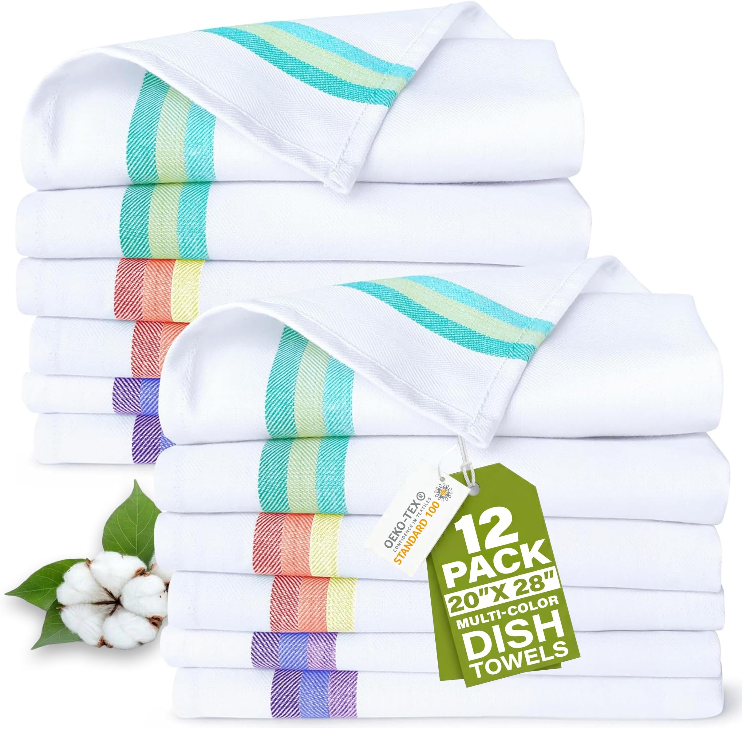 Harringdons Premium Tea Towels for Kitchen – 12-Pack 100% Natural Cotton Dish Towels, Quick Drying, Ultra Absorbent, Bleach Safe, 50x70 cm (Assorted Colours)