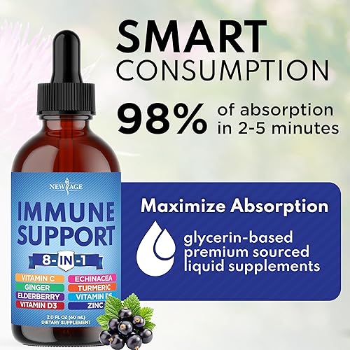Miniatura 6 de NEW AGE Gotas líquidas de apoyo inmunológico 8 en 1  Baya de saúco, curcumina de cúrcuma, equinácea, jengibre, vitaminas C y D3, zinc y B6  Apoyo