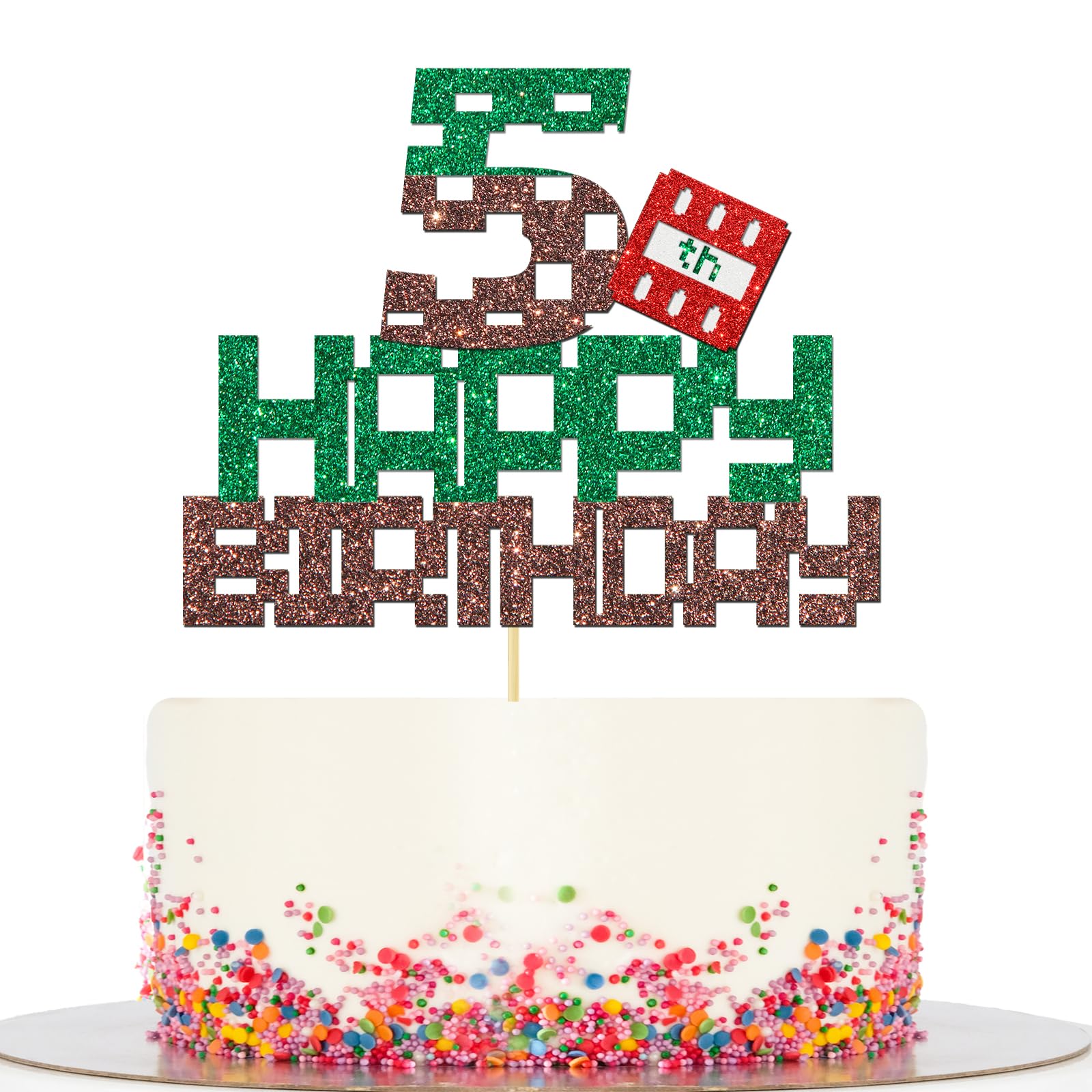BOBYIYI Pixel Happy 5th Birthday Cake Topper Happy Birthday Game Themed 5 Years Old Boys Girls Birthday Party Supplies Decoration Glitter Green Brown