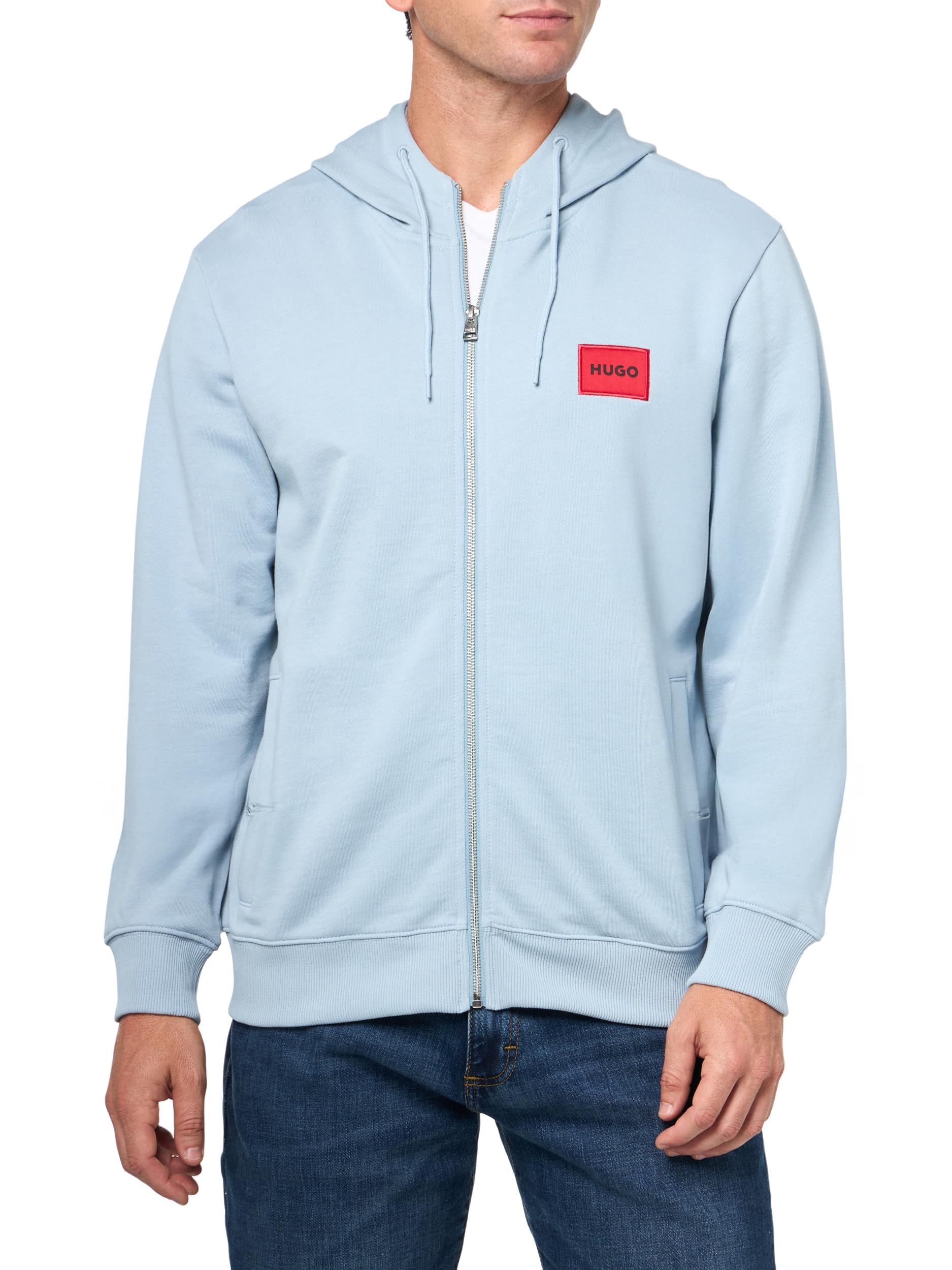 HUGO Men's Regular Fit Square Logo Jersey Hooded Zip Up Sweatshirt, Dust Blue, XL