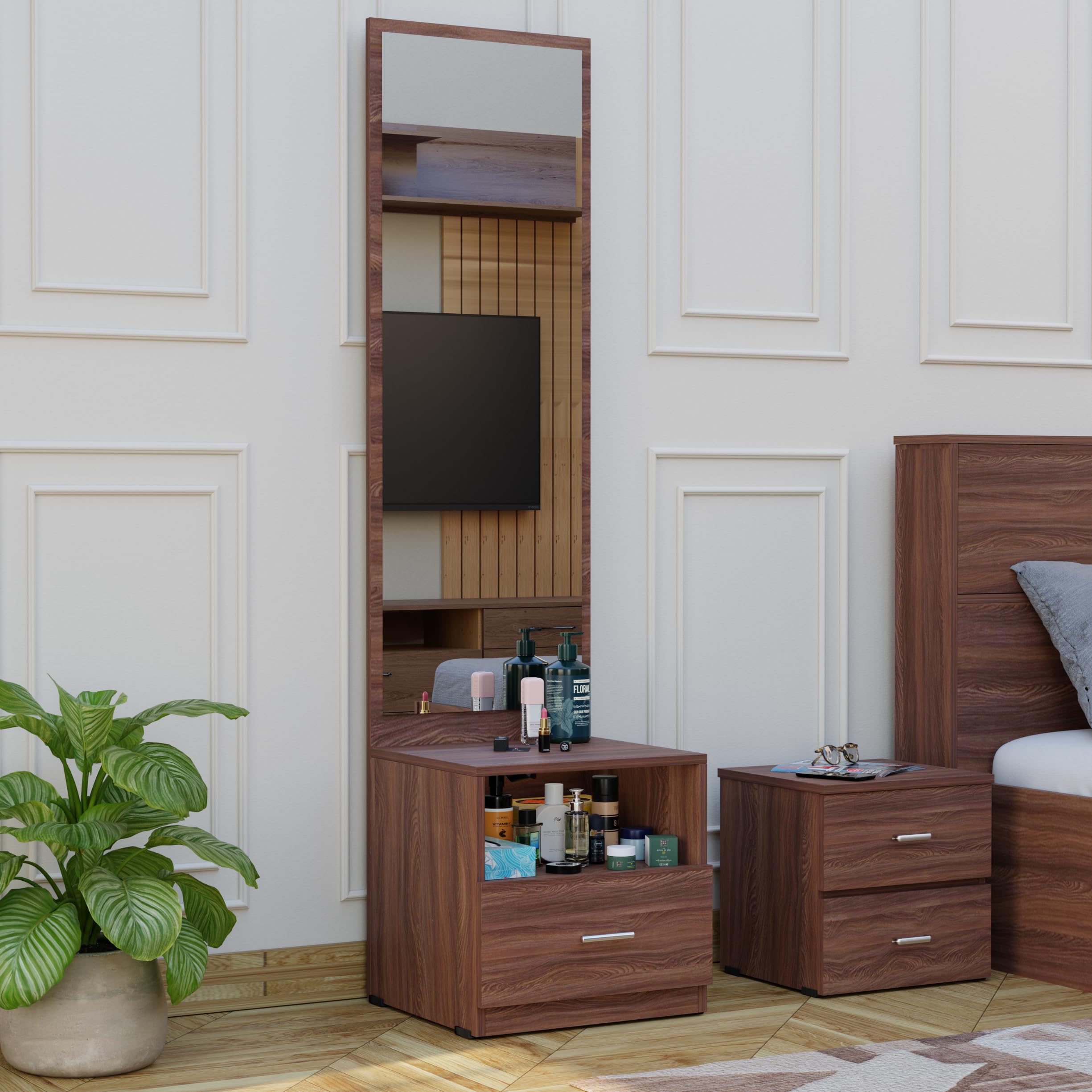 Engineered Wood Dressing Table with Mirror and Storage for Bedroom & Living Room | Engineered Wood Make-Up Vanity Table for Bedroom & Living Room (Walnut Finish)