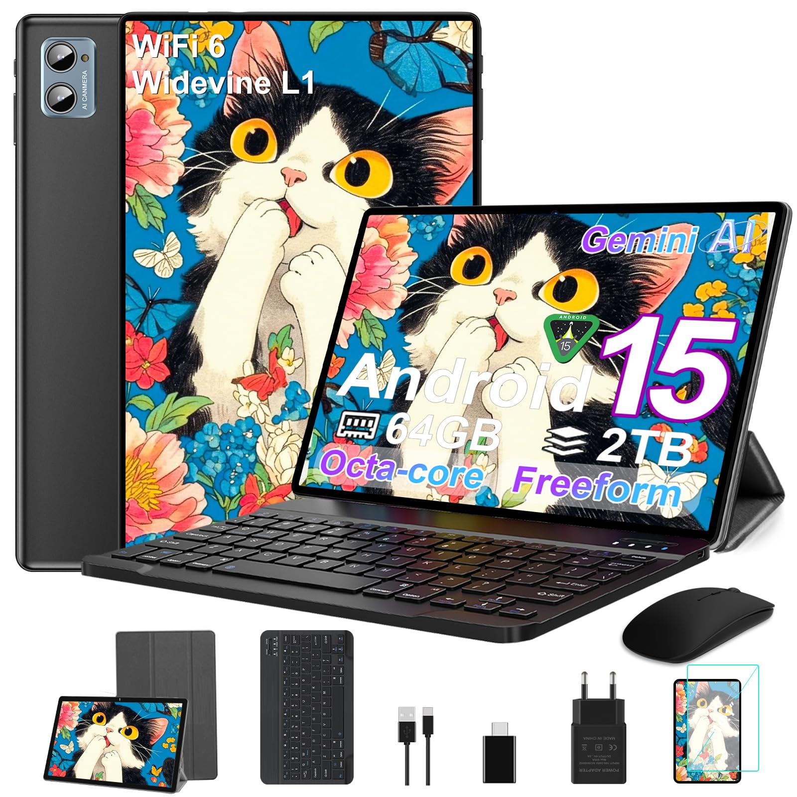 SUAAT 2026 Tablet Android 15 Octa Core Tablets 10 Zoll mit 64 GB ROM + 2 TB TF | 5G + 2,4G WiFi|Bluetooth 5.0 |8 MP + 5 MP | Typ C,Touchscreen-Tablet mit Hülle, Tastatur und Maus-Tiefschwarz