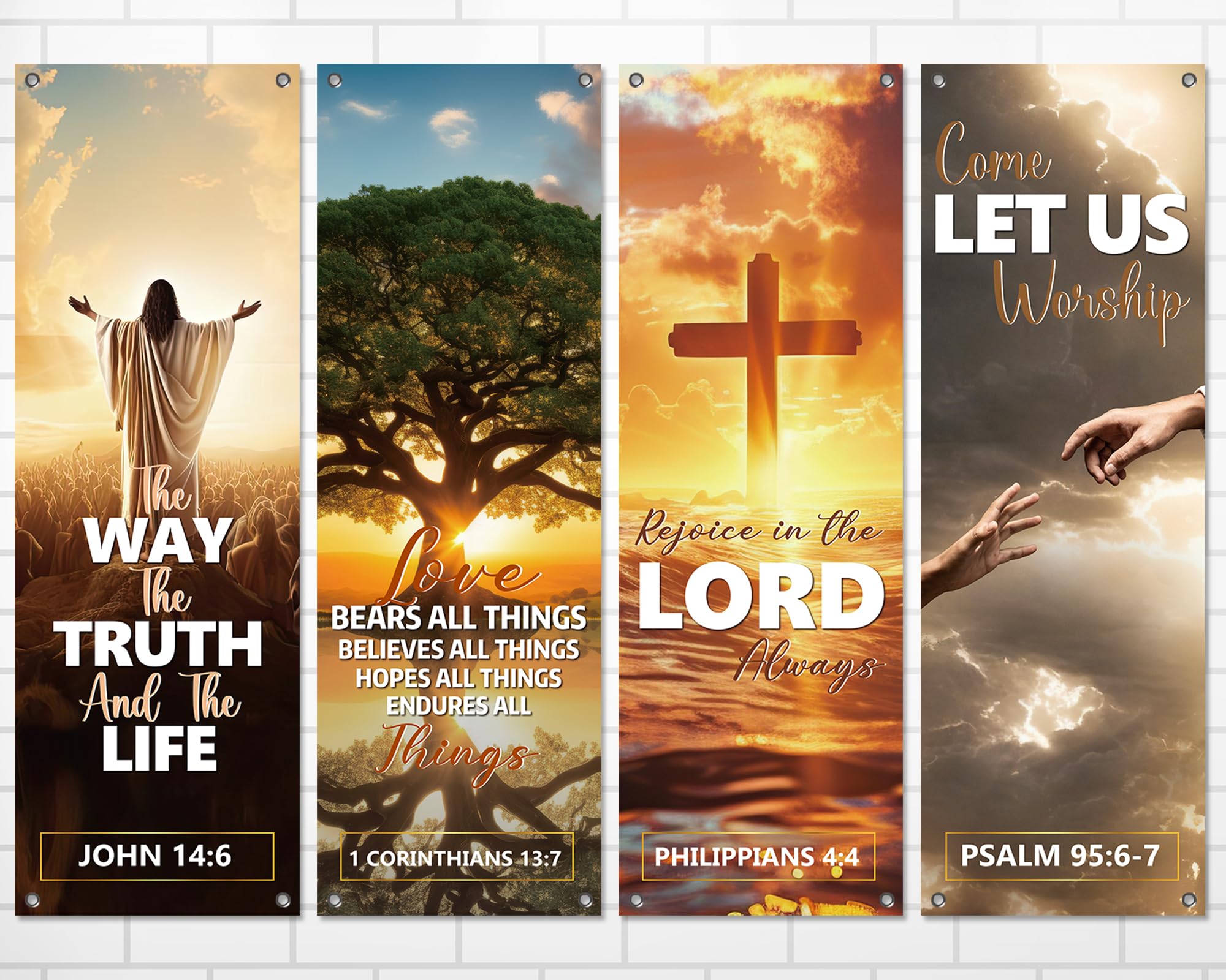 4Pcs Church Banners for Sanctuary Welcome Religious Christmas Banners Hanging Backdrop Churches Religion Hanging Decorations Scripture Christian Porch Signs Decors for Churches School
