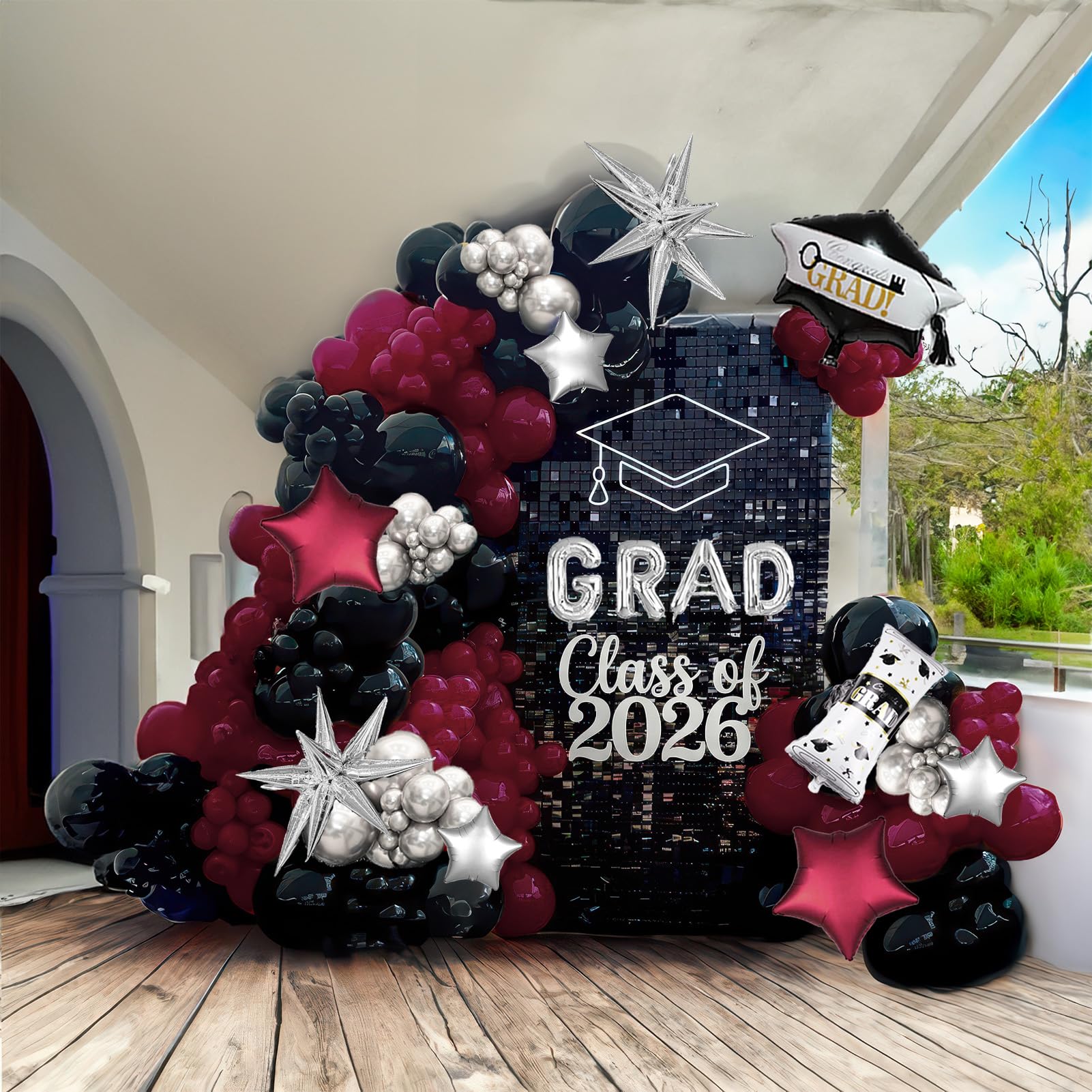 Photo 1 of 130 Pcs Maroon Black Silver Balloon Arch Kit with GRAD Letters & Graduation Cap Foil Balloons, Star Accents for Senior Night Decorations, Class of 2026 Prom & Party Supplies