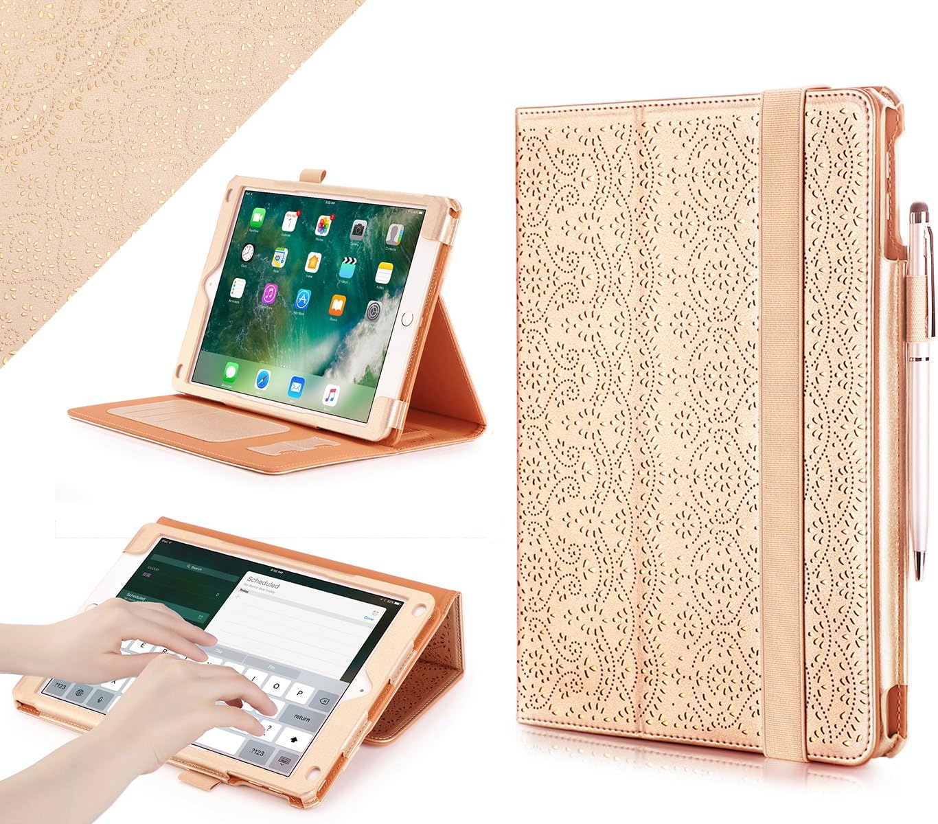 WWW iPad 9.7 2018/2017, iPad Air 2, iPad Air Case, [Luxury Laser Flower] Premium PU Leather Case Protective Cover with Auto Wake/Sleep for Apple iPad 9.7 2017/2018 and iPad Air 2/1 Gold