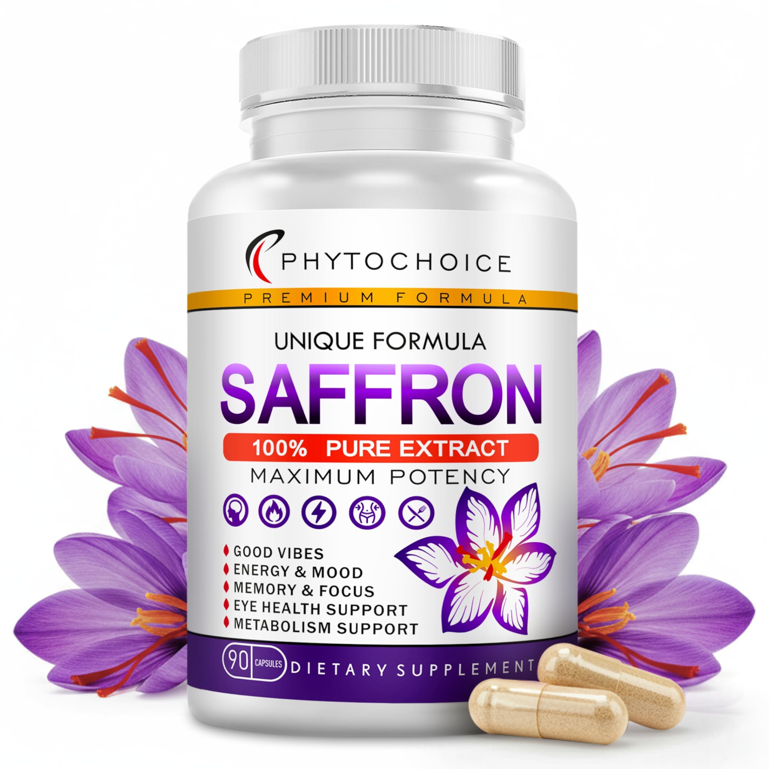 Saffron Supplements - 100% Pure Saffron Extract Capsules - Boost Energy & Mood, Support Eye & Heart Health, Focus, Vision - Pure Saffron Extract 88.5 mg - Made in USA for Women & Men - 90 Capsules