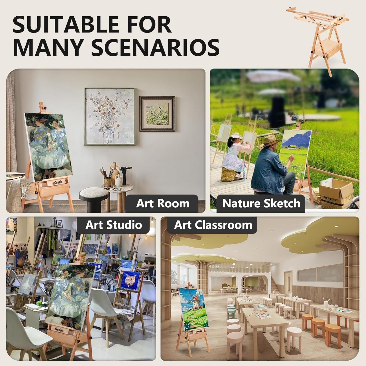 YOKUGO H Frame Artist Easels for Painting, Large Beech Wood Painting Easel with Storage Drawer Floor Standing Easel Stand for Adults, Foldable & Adjustable Studio Canvas Art Stand, Natural