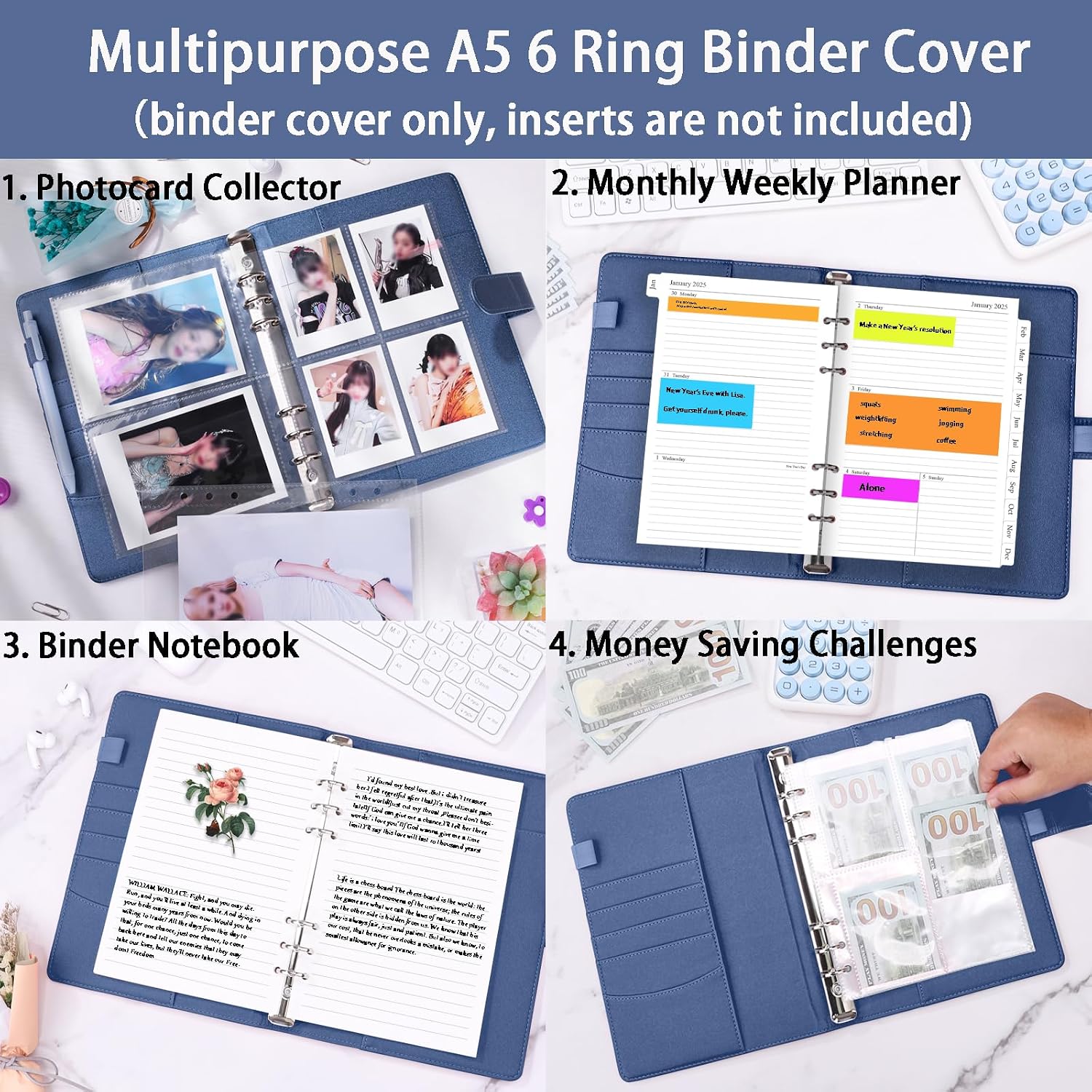 Antner A5 Binder 6 Ring Refillable Notebook Budget Planner Cover for Cash Organizer, PU Leather Loose Leaf Kpop Photocard Holder Small Binder for A5 Planner Inserts with Magnetic Buckle, Glitter Blue