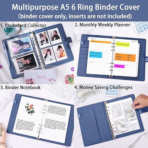 Vista 97 de Antner Carpeta A5 de piel sintética de 6 anillas, para papel de relleno A5, planificador personal A5, carpeta de presupuesto recargable con cierre