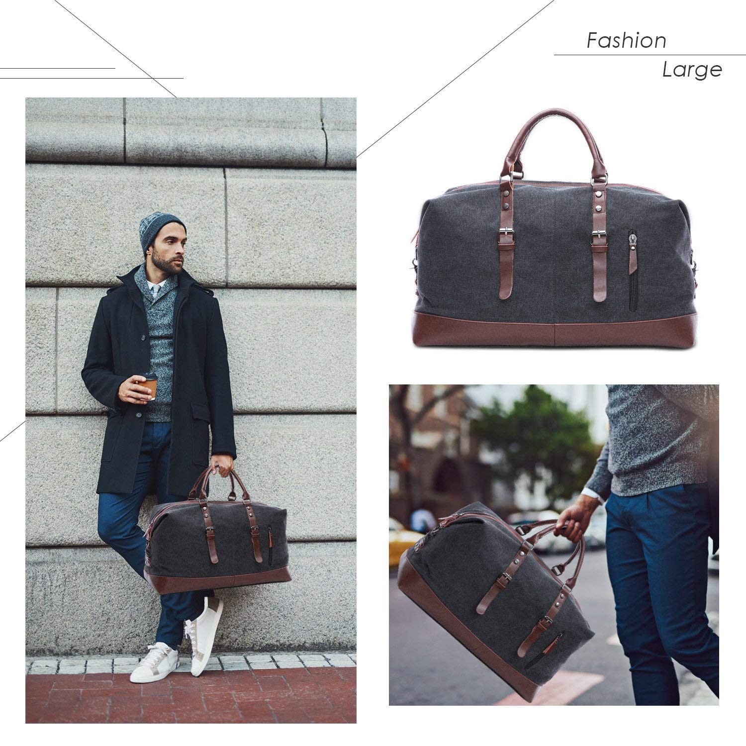 TILEMALL Borsone da viaggio oversize in tela da viaggio, borsa a tracolla, borsa a tracolla per la notte, borsa da weekend, unisex, con manico in finta pelle, Nero, 54cm*33cm*24cm