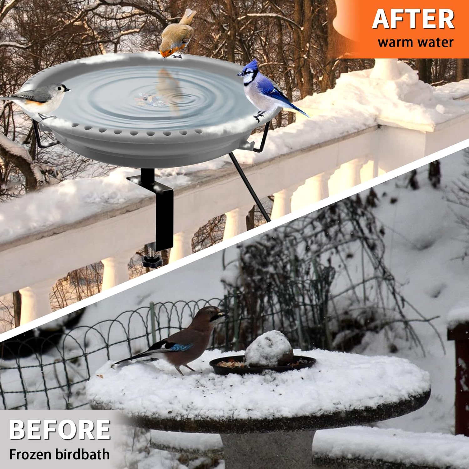 Daoeny Heated Bird Bath for Deck Railing, Upgraded 100W Heated Bird Baths for Outdoors Thermostat Control, Heated Bird Bath for Outside Winter Garden Yard Patio Decor (Grey)