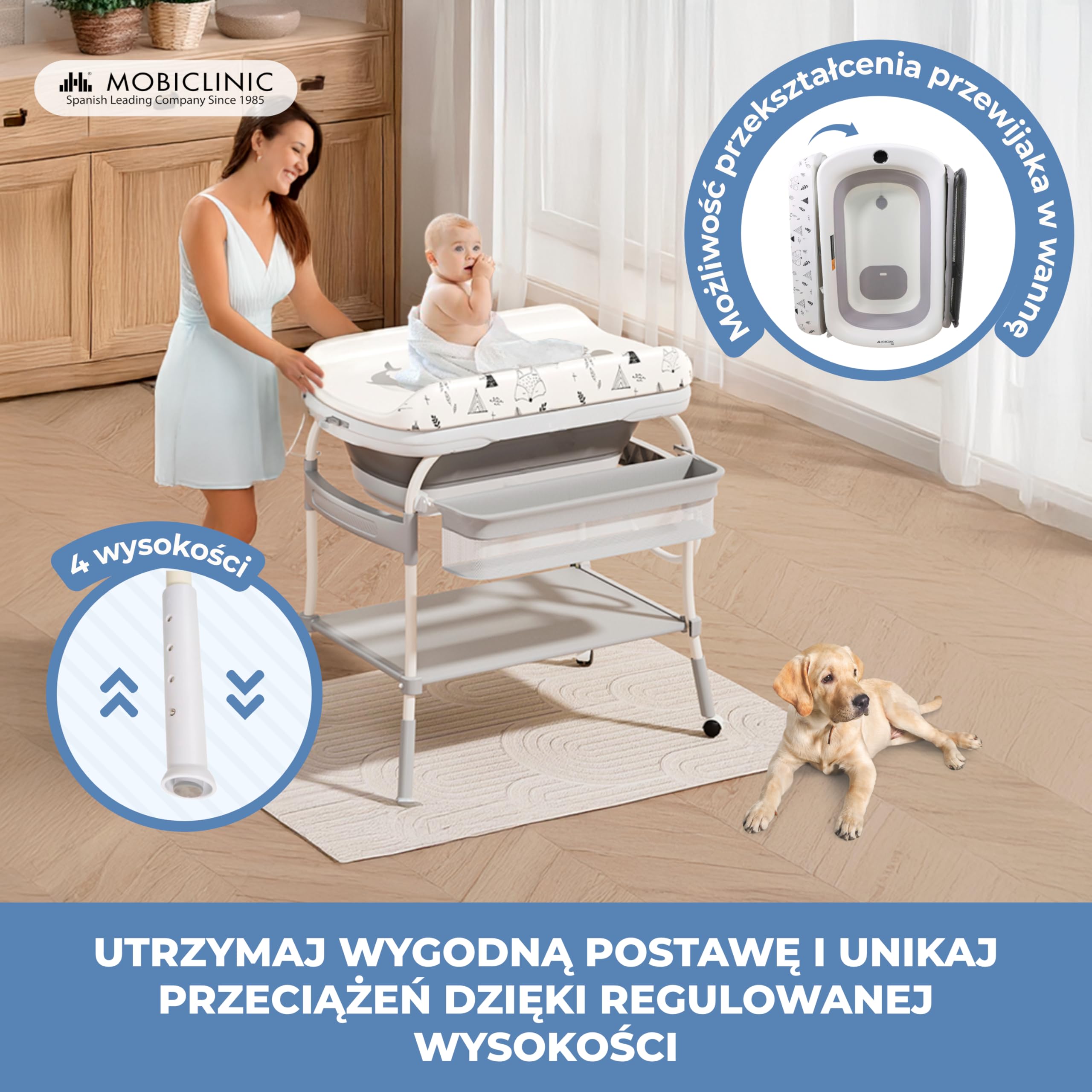 Mobiclinic®, Rzewijak dla niemowląt 2 w 1 z wanienką, Trendy, 4 regulacje wysokości, Termometr, Kółka hamulcem, Koszyk do przechowywania, 50 kg, Rurka odpływowa, 0-36 miesięcy