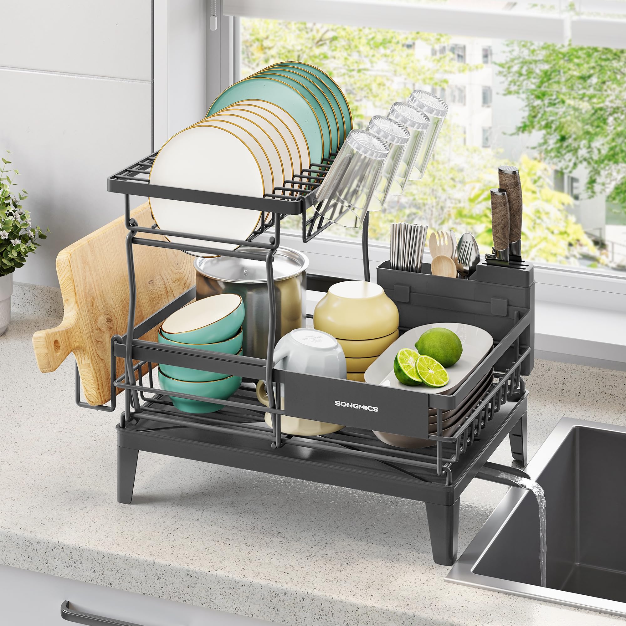 SONGMICS Dish Drying Rack, Dish Drainer Rack for Kitchen Counter, 360° Rotatable and Extendable Spout, Draining Board, with Cutlery Holder, 31 x 42 x 36.5 cm, Slate Grey KCS551G101