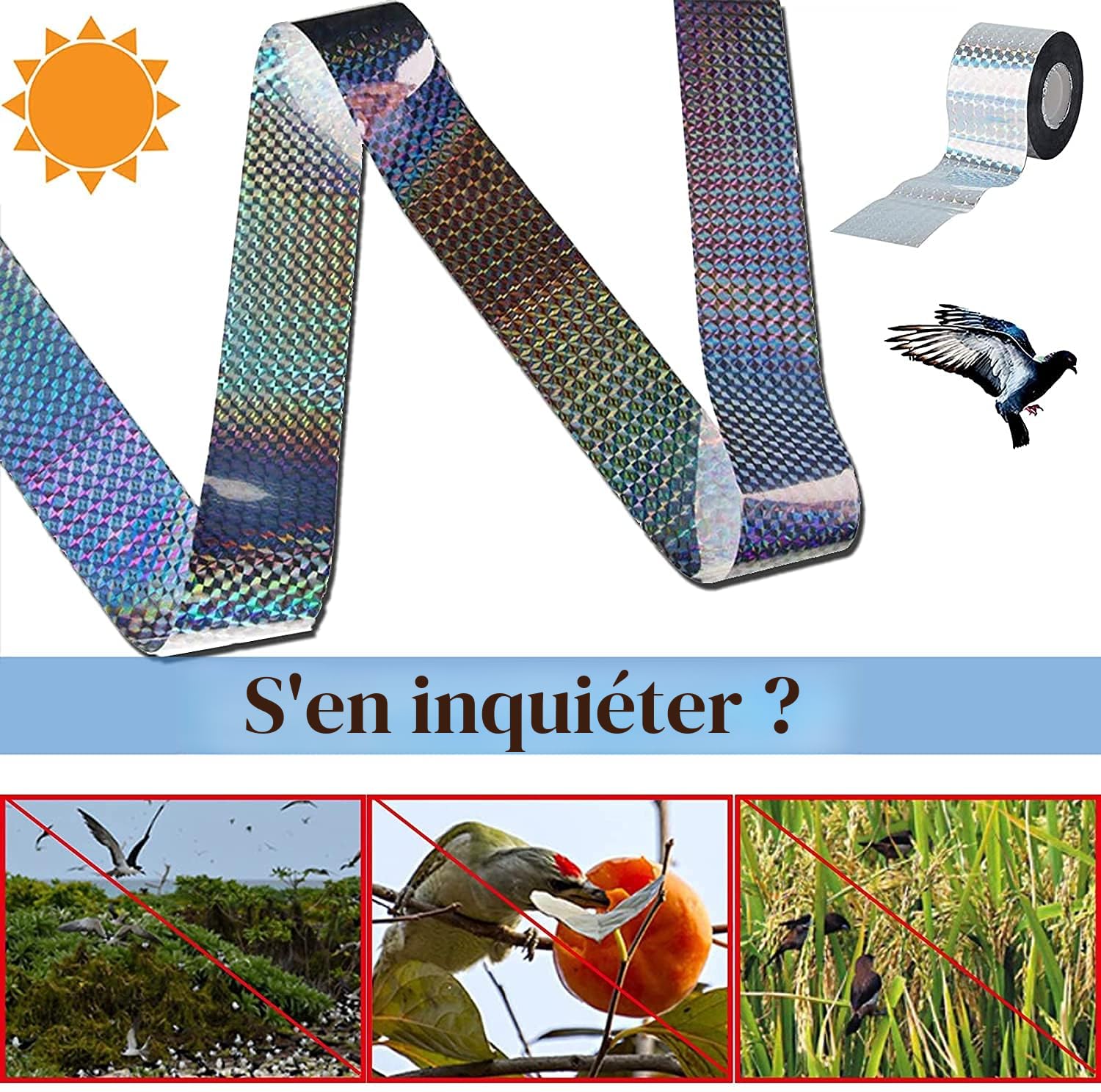 PIQIUQIU Bande répulsive pour oiseaux 80 m x 4,5 cm réfléchissante