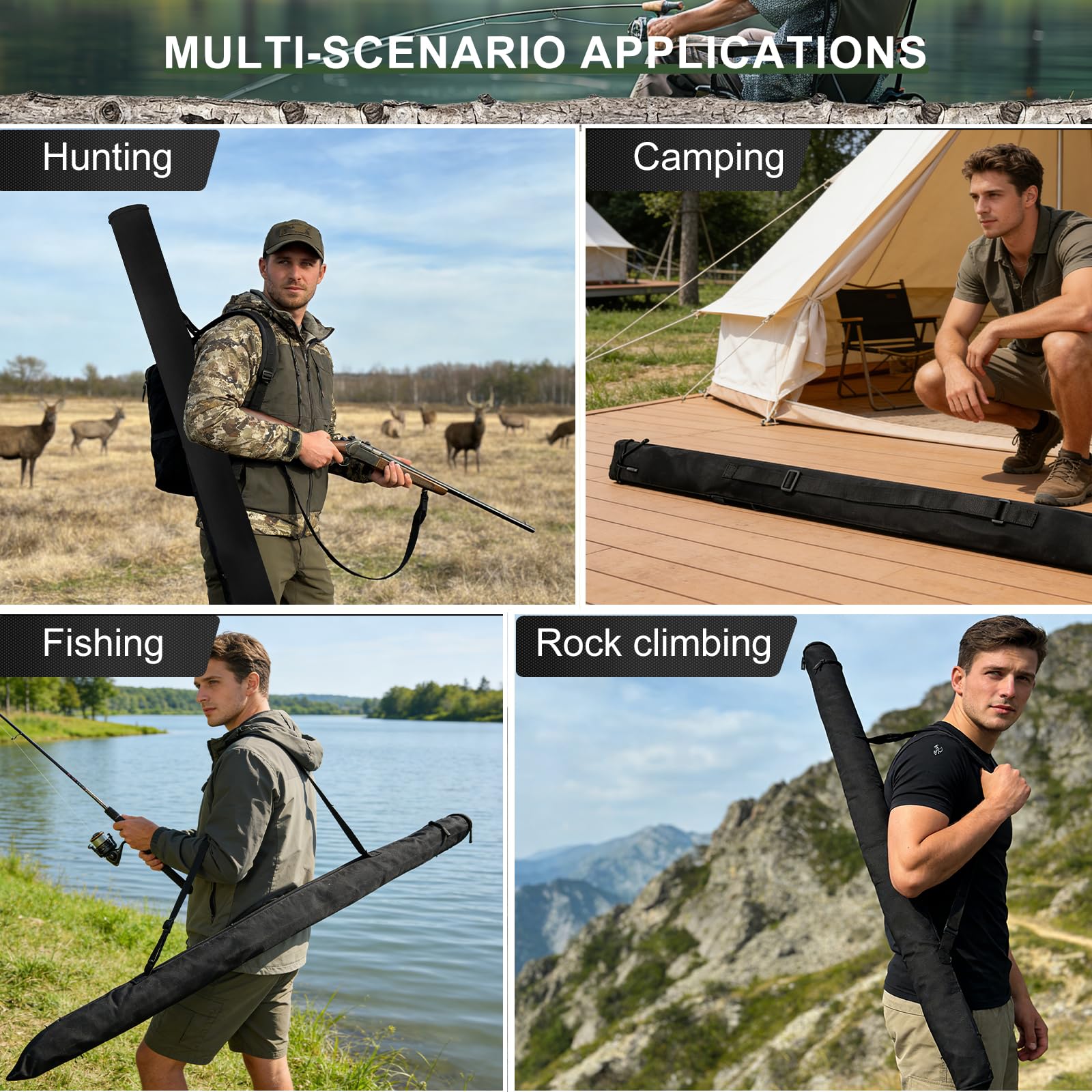 Soporte Cañas de Pescar, Mochila Pesca de Tela 130x13cm, Carretes de Pesca Porta Cañas para 2-3 Cañas, Pesca Accesorios con Correa Ajustable, Carpfishing Funda Transporte, Negro