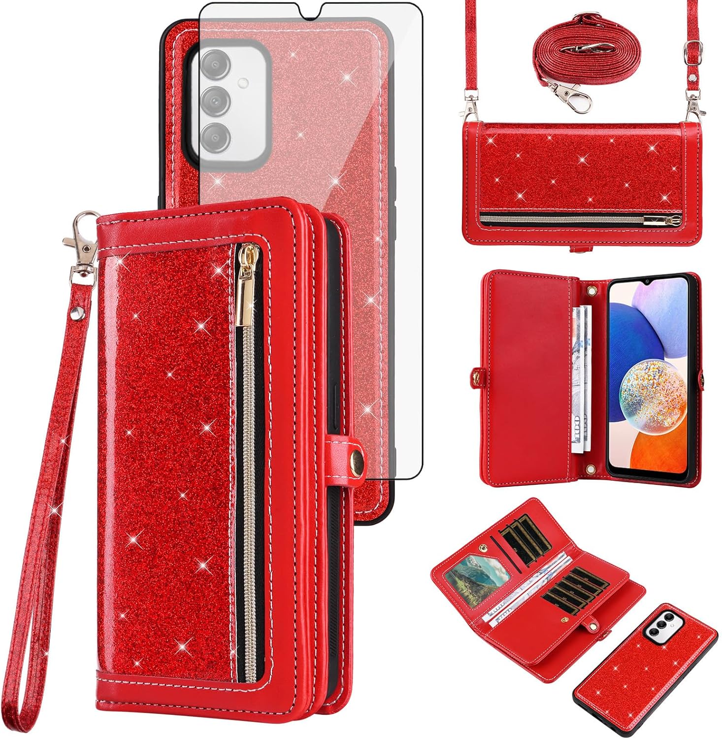 Asuwish Phone Case for Samsung Galaxy A14/M14 5G Zipper Wallet Detachable Cell Cover with Tempered Glass Screen Protector Crossbody Strap Bling Glitter Flip Card Holder A 14 4G 14A 14M G5 Women Pink