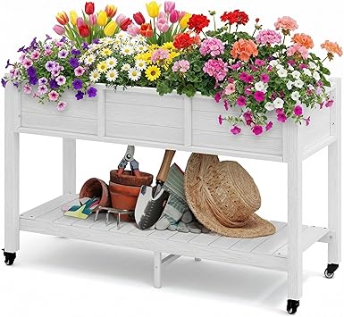 DWVO 47x18x3in Raised Garden Bed HDPE Outdoor with Legs and Lockable Wheels, Weather-Resistant Poly-Wood Elevated Planter Box, Double Tier Planters for Backyard Patio Balcony, White