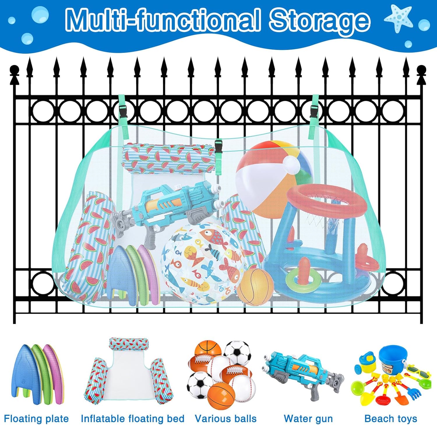 Pool Float Storage Net, Pool Toy Organizer Mesh Bag for Large swimming Inflatable Toys, Sports Balls, Patio Accessories, Foldable Pool Floats Holder Pouch Attaches To Pool Side or Fence (Green)