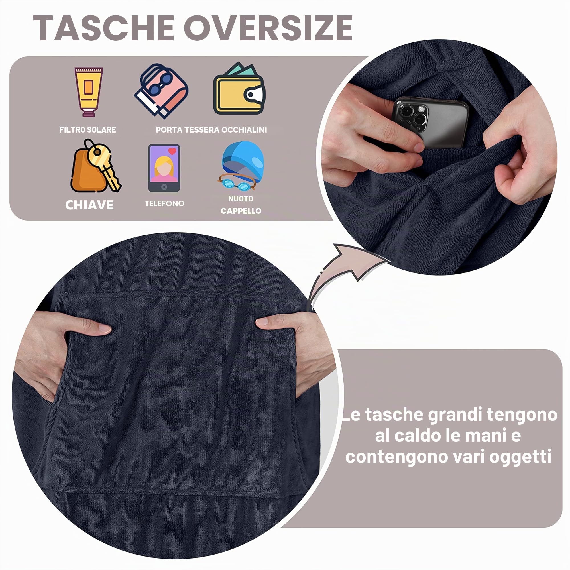 Kato Tirrinia Beach Surf Poncho con tasca, in neoprene assorbente, con fasciatoio, asciugamano poncho, per surf, nuoto, per adulti, uomini e donne