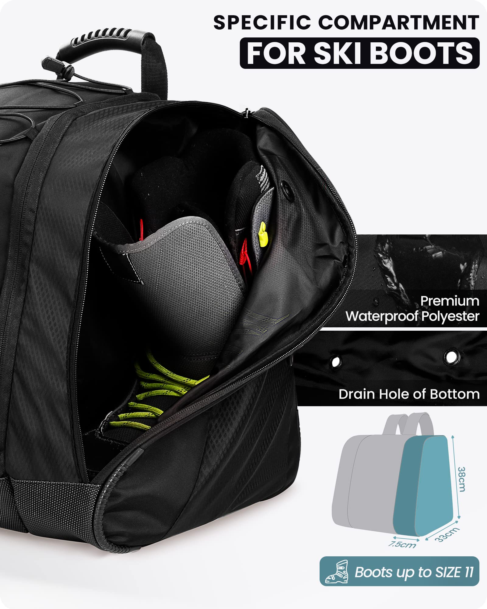 OutdoorMaster Borsa per scarponi da sci da 38 litri, zaino da viaggio per scarponi da snowboard con fondo impermeabile per casco da sci, occhiali e guanti