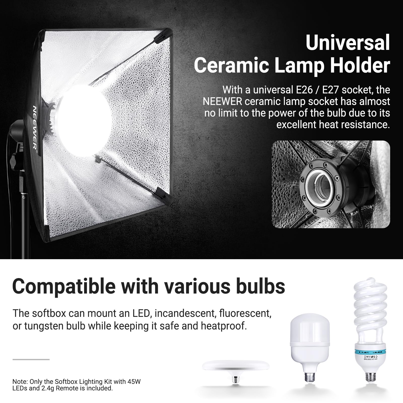NEEWER Kit di illuminazione Softbox equivalente da 61 x 61 cm, 450 W, con supporto per treppiede, lampadina LED bicolore da 45 W 2,4 G, telecomando, 10 canali 2900K-7000K 1400lx/1 m CRI95 Studio