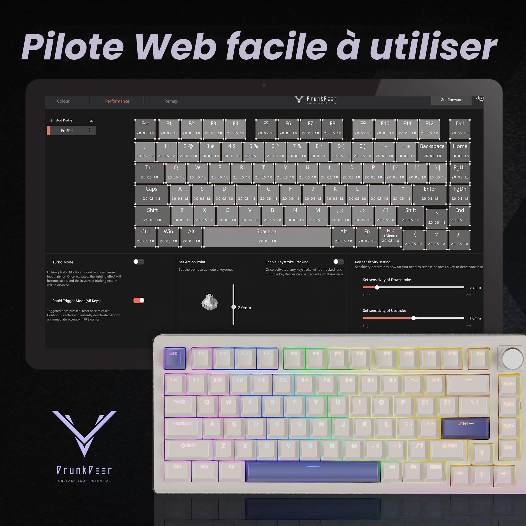 DrunkDeer TKL Clavier de Jeu à déclenchement Rapide, claviers mécaniques TKL pour OSU, commutateur magnétique Hyper Rapide, Filaire RVB, USB, Compact, 82 Touches avec Bouton, Gris