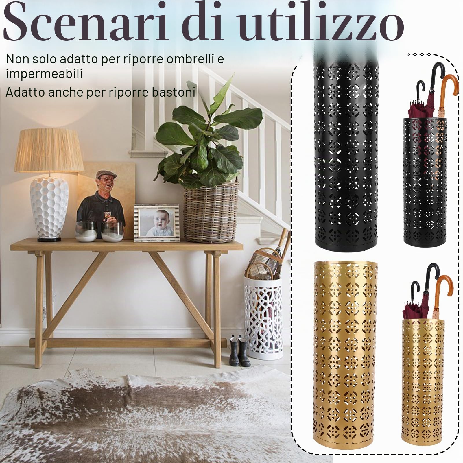 Portaombrelli da interno in metallo, 42x15x15 cm Struttura in rame perforato Portaombrelli in ferro elegante e funzionale per la casa e l'ufficio Mantiene i pavimenti asciutti e in ordine