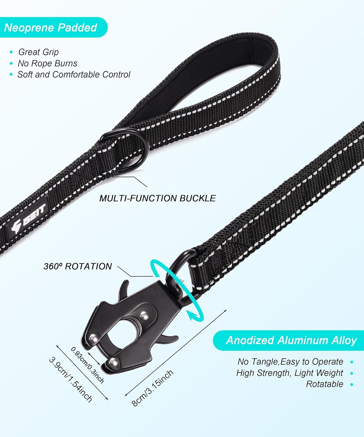GEIT 4/5/6FT Heavy Duty Dog Leash with 2 Comfortable Padded Handles, Reflective Rope Leashes with Quick Release/Locking Tactical Frog Clip for Small Medium and Large Dogs, Black - Image 4