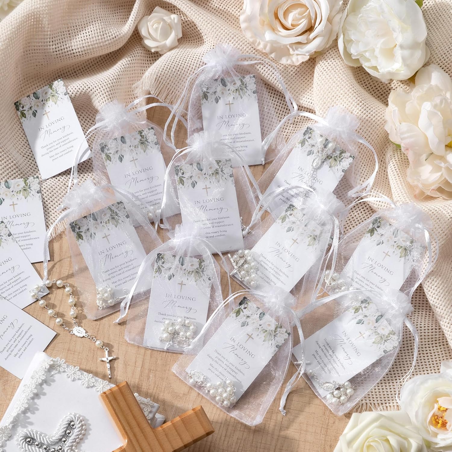 Quelay 50 Sets Funeral Favors for Guests, Celebration Favors Mini Rosary Organza Bags Loving Memory Cards for Memorial Party Supplies Funeral Guest Return Gifts