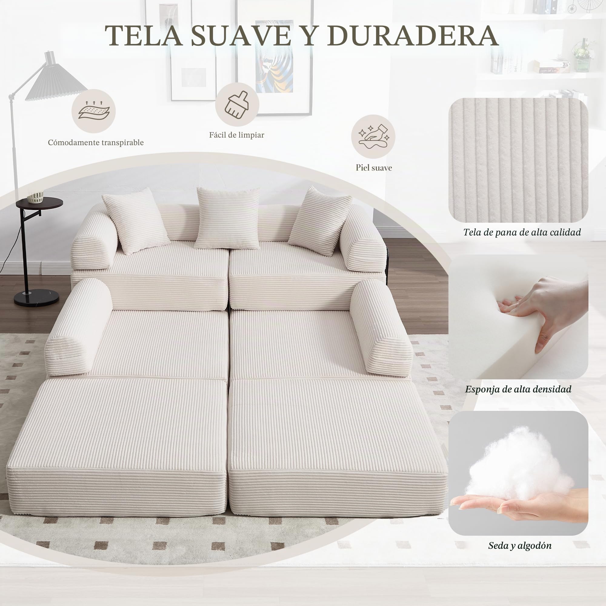 Lubvtti Sofá cama de 3 plazas con bolsillos laterales más 3 cojines, estructura de metal resistente, sofá modular plegable de compresión, sofá de 3 plazas de terciopelo acanalado (B-beige + 5 plazas)