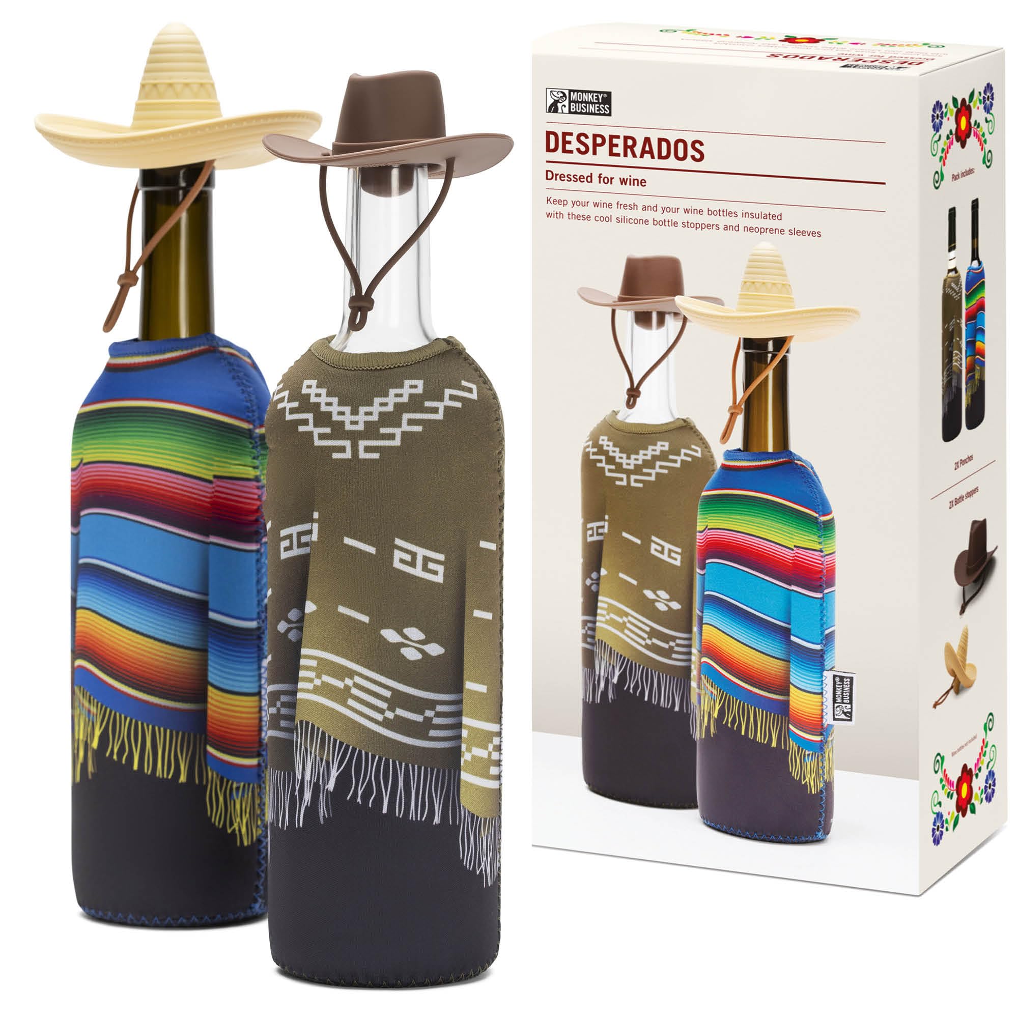 Monkey Business Gift Set per Amanti del Vino – 2 Tappi in Silicone + 2 Poncho in Neoprene per Bottiglie 750 ml – Isolamento per Bottiglia Aperta + Tema Wild West