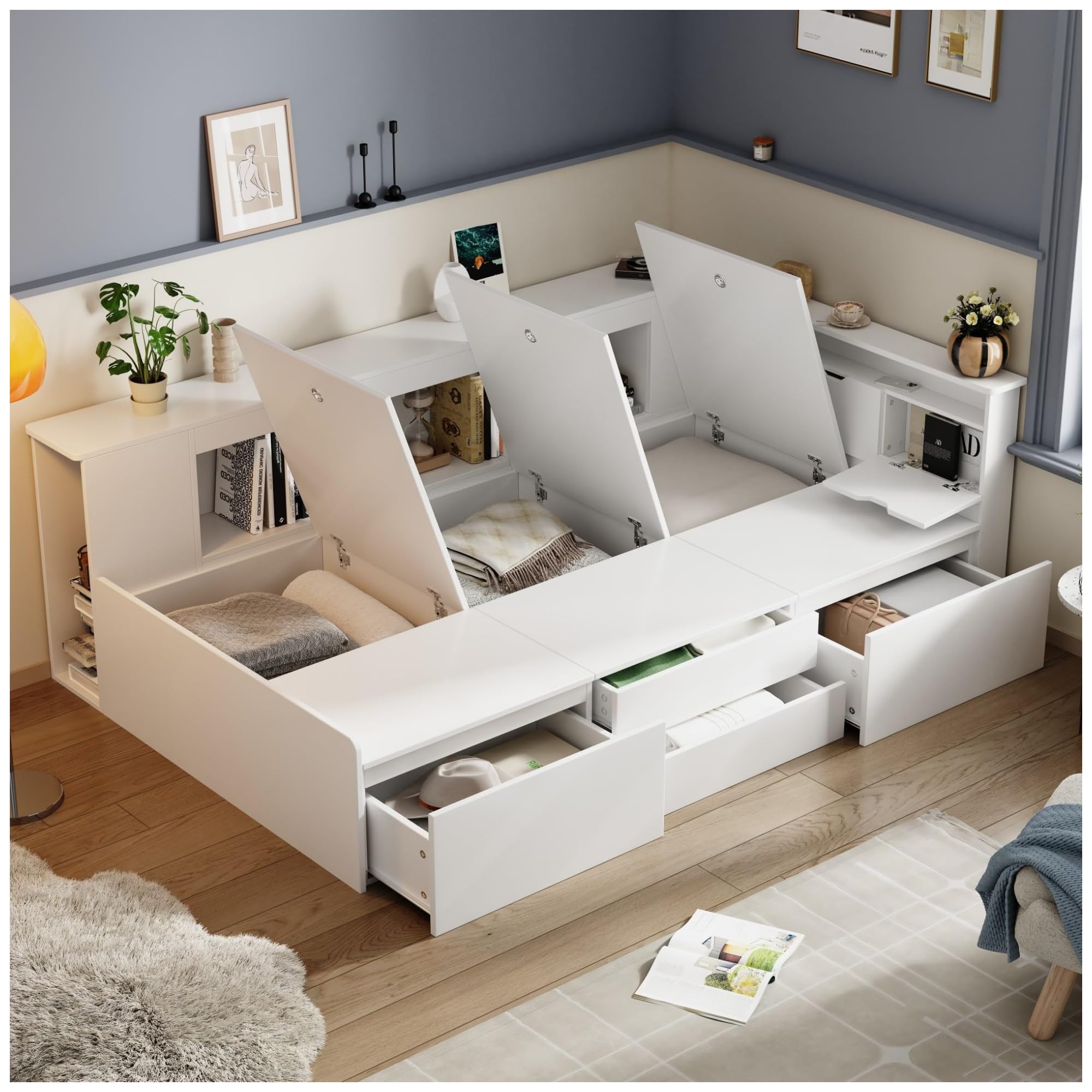 Cama para niños, 90 x 200 cm, con cajones y estantería, debajo de la cama con contenedor, multifuncional, individual, de madera, sin colchón, blanco