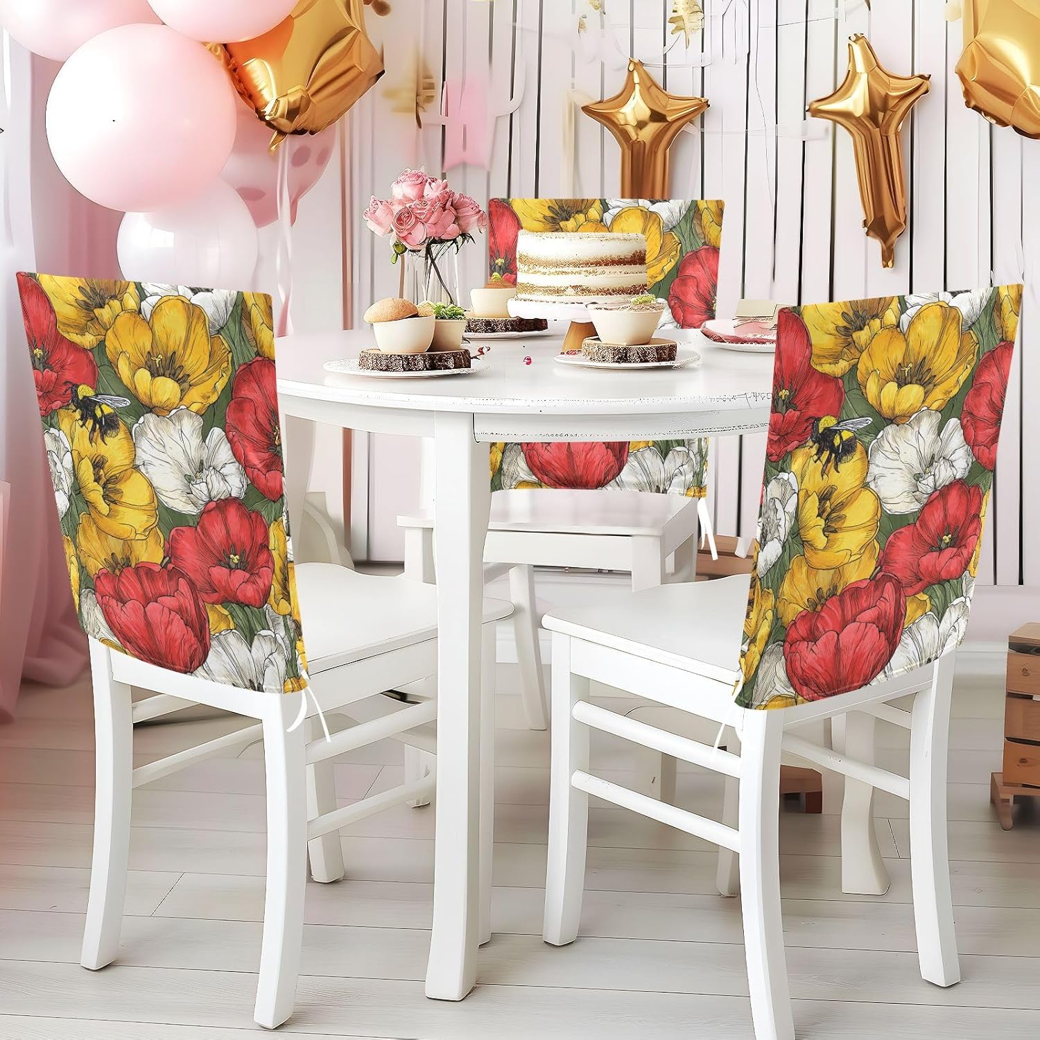 ALAZA Tulips Flowers Bee Floral Chair Back Cover Set of 6, Washable Reusable Removable Chair Slipcovers Decorative Chair Cover for Home Kitchen Wedding Party