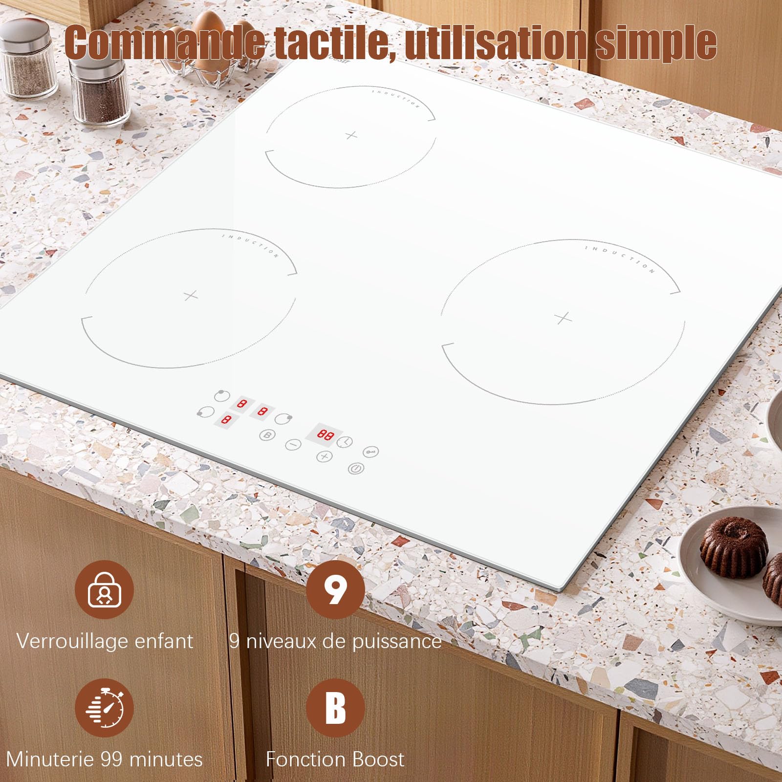 Plaque Induction 3 Feux 60cm 3500W Encastrable avec Prise, Blanc, Boost, Verrouillage Sécurité, Commande Tactile, Minuterie 99 Min