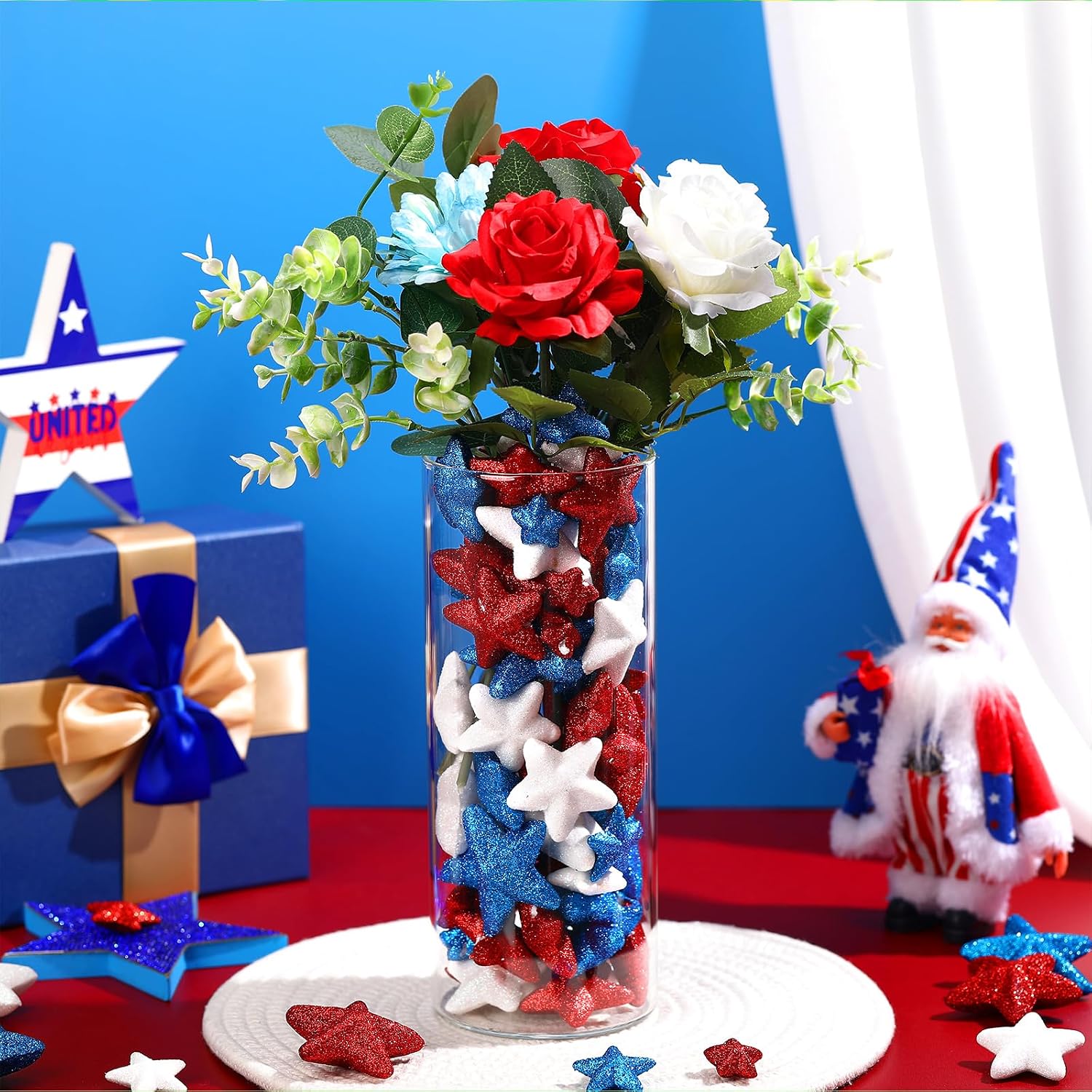 Halloscume 120 Pcs Independence Day Glitter Foam Vase Fillers Table Decor Foam Red Blue White Stars Filler Glitter Ornaments 4th of July Decorations Crafting Centerpiece Table Scatter, 4 Size