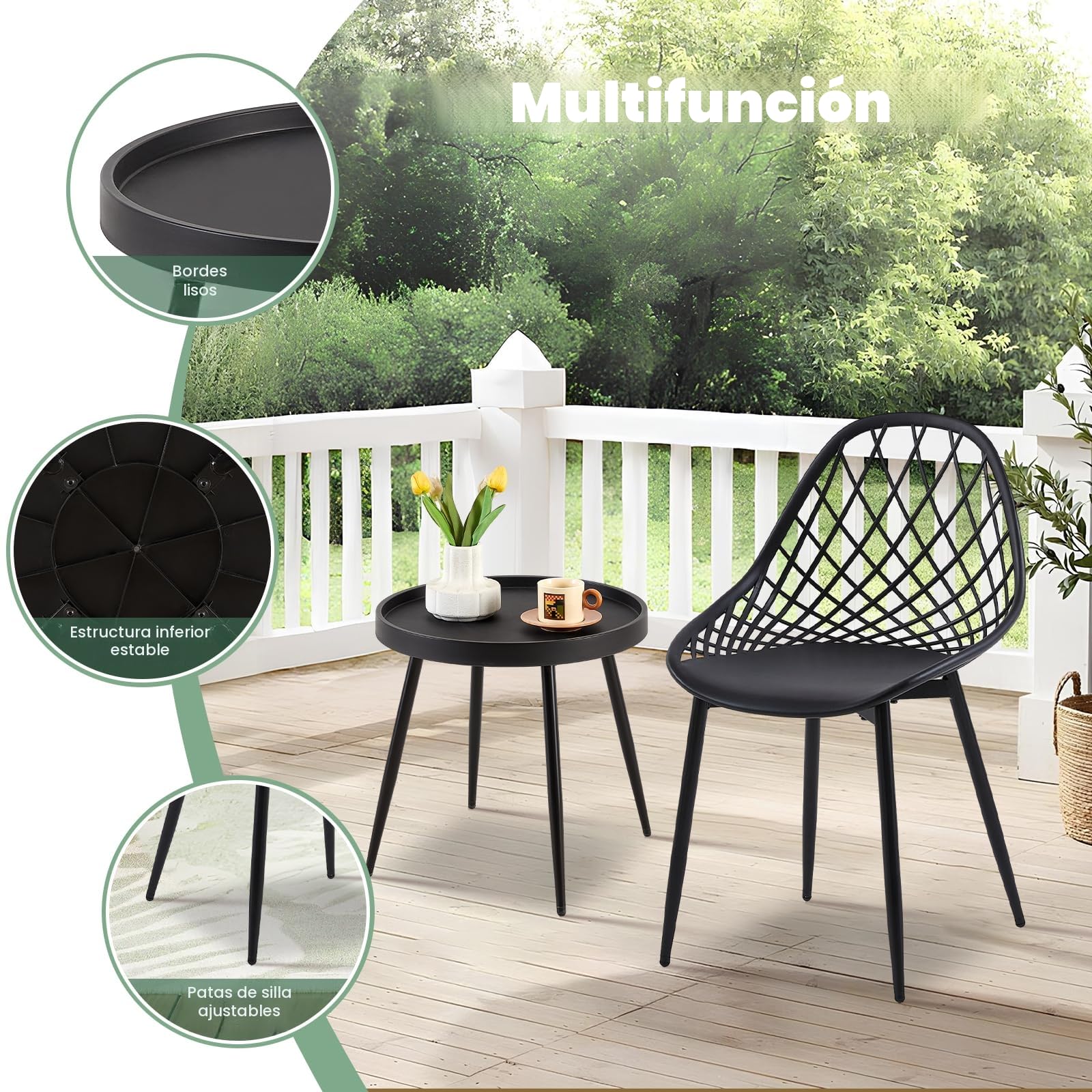 buybyroom Conjunto Balcon Mesa y sillas Balcon con Mesa y sillas terraza Exterior pequeña, Apto para terraza, jardín y salón, Patas Metálicas de Silla con Pies Regulabless, Negro