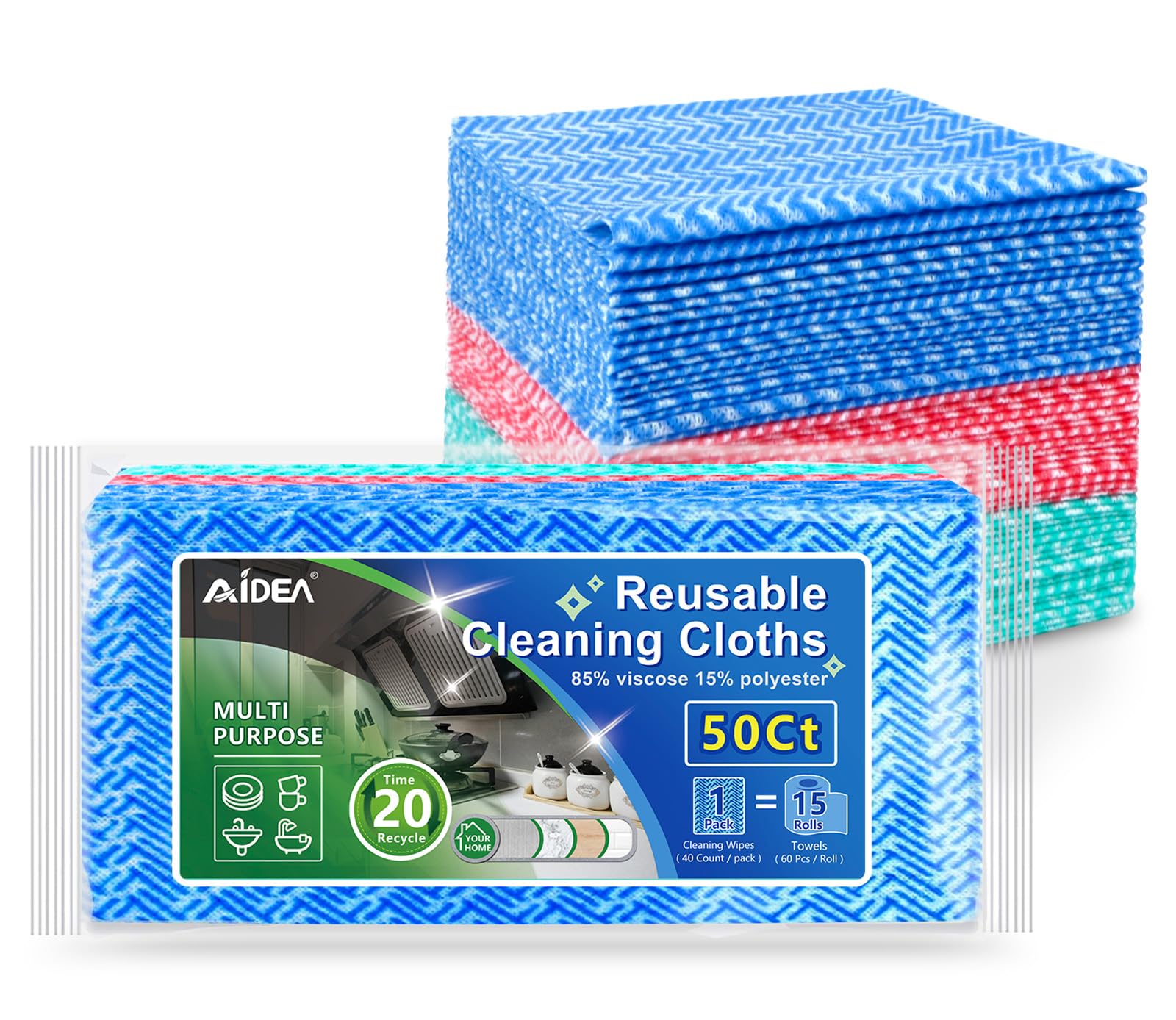 Aidea Blue/Pink/Green Cleaning Wipes, Multi-Purpose Cleaning Cloths, Reusable Domestic Wipes, 50Pk Dish Cloths And Hand Towel, 12 * 12In