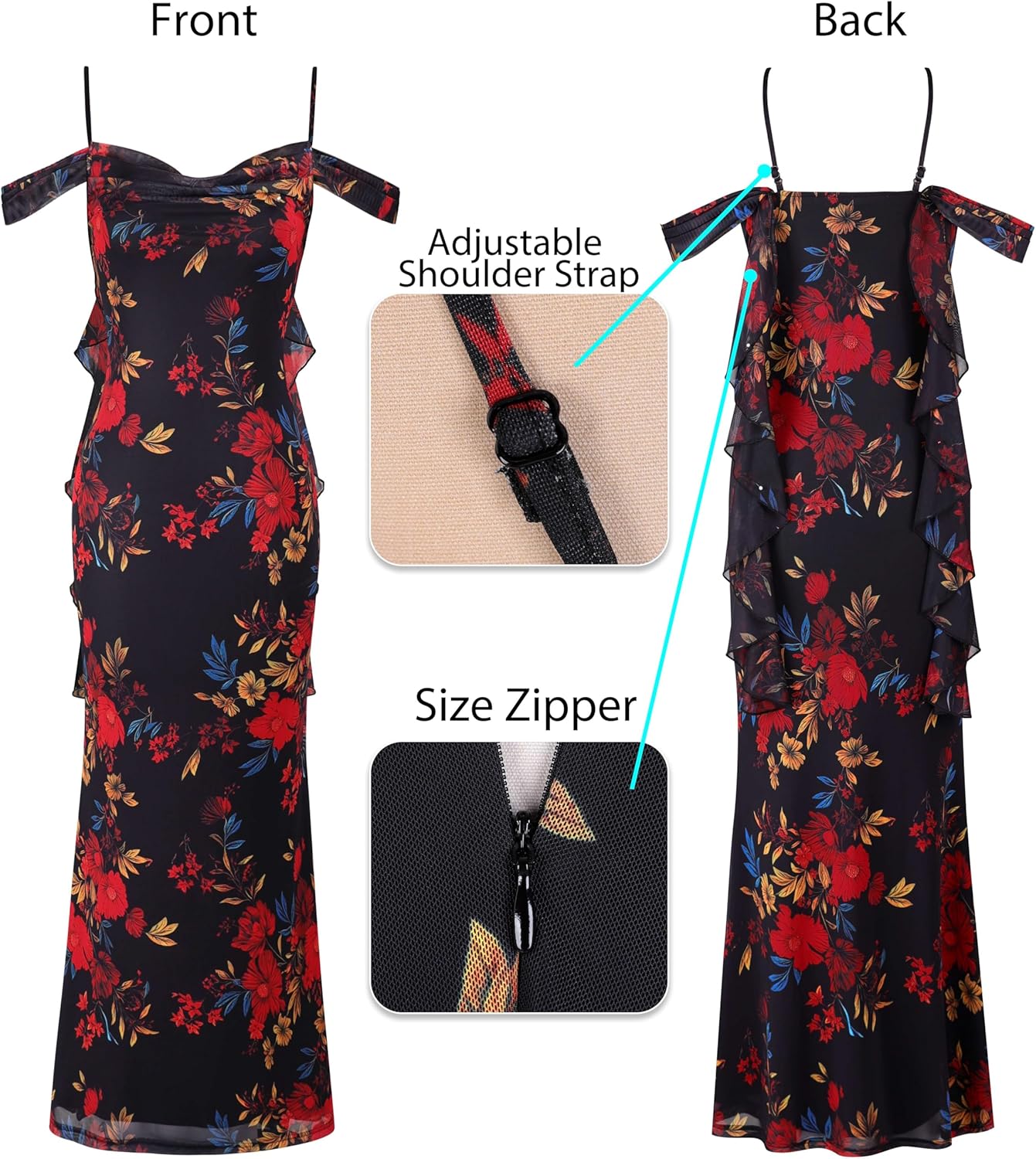 VFSHOW Womens Spaghetti Strap Ruffle Ruched Bodycon Maxi Dress 2025 Sexy Cold Shoulder Fitted Formal Long Cocktail Dress - Image 4