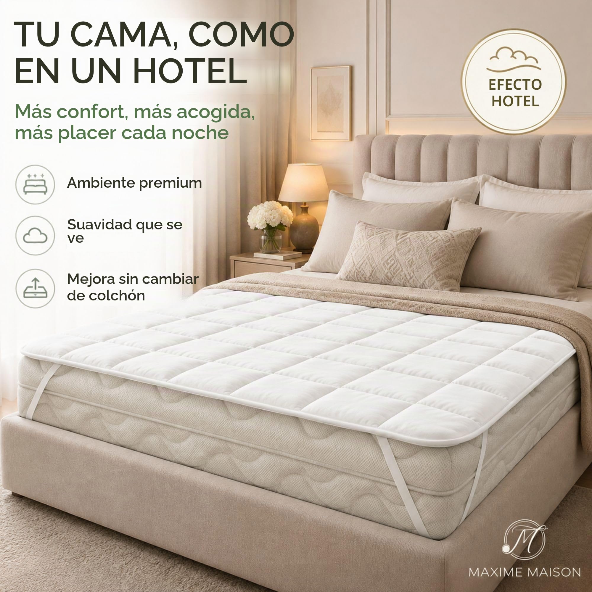 MAXIME MAISON - Topper matrimonial 180x190 acolchado con elásticos para fijación, cubrecolchón matrimonial relleno 700 g/m², protege el colchón del desgaste y mejora la calidad del sueño