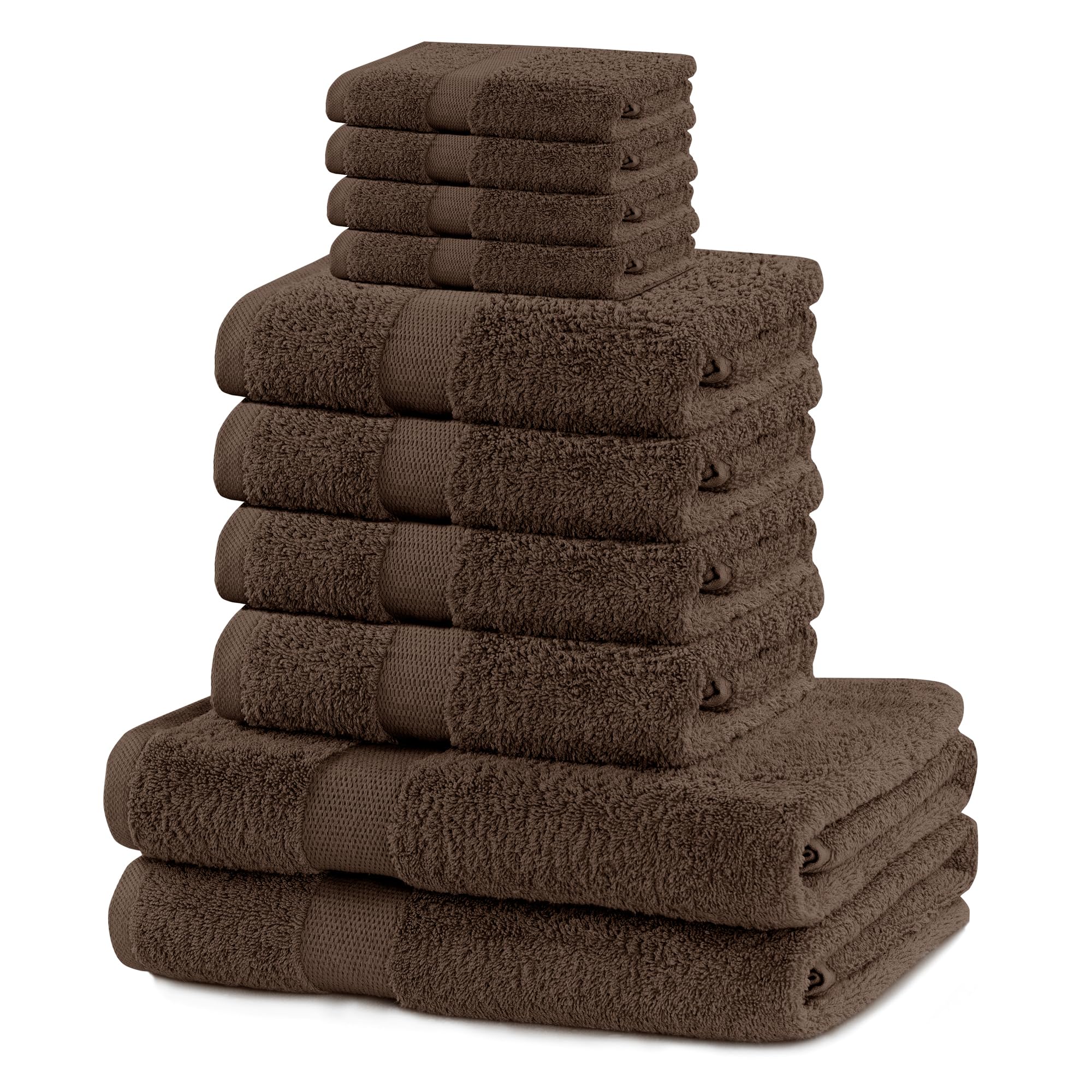 DecoKing Set di 10 asciugamani in cotone di qualità 525 g/m², 4 asciugamani per ospiti 30 x 50 cm, 4 asciugamani da 50 x 100 cm e 2 teli da bagno 70 x 140 cm, marrone noce, assorbenti