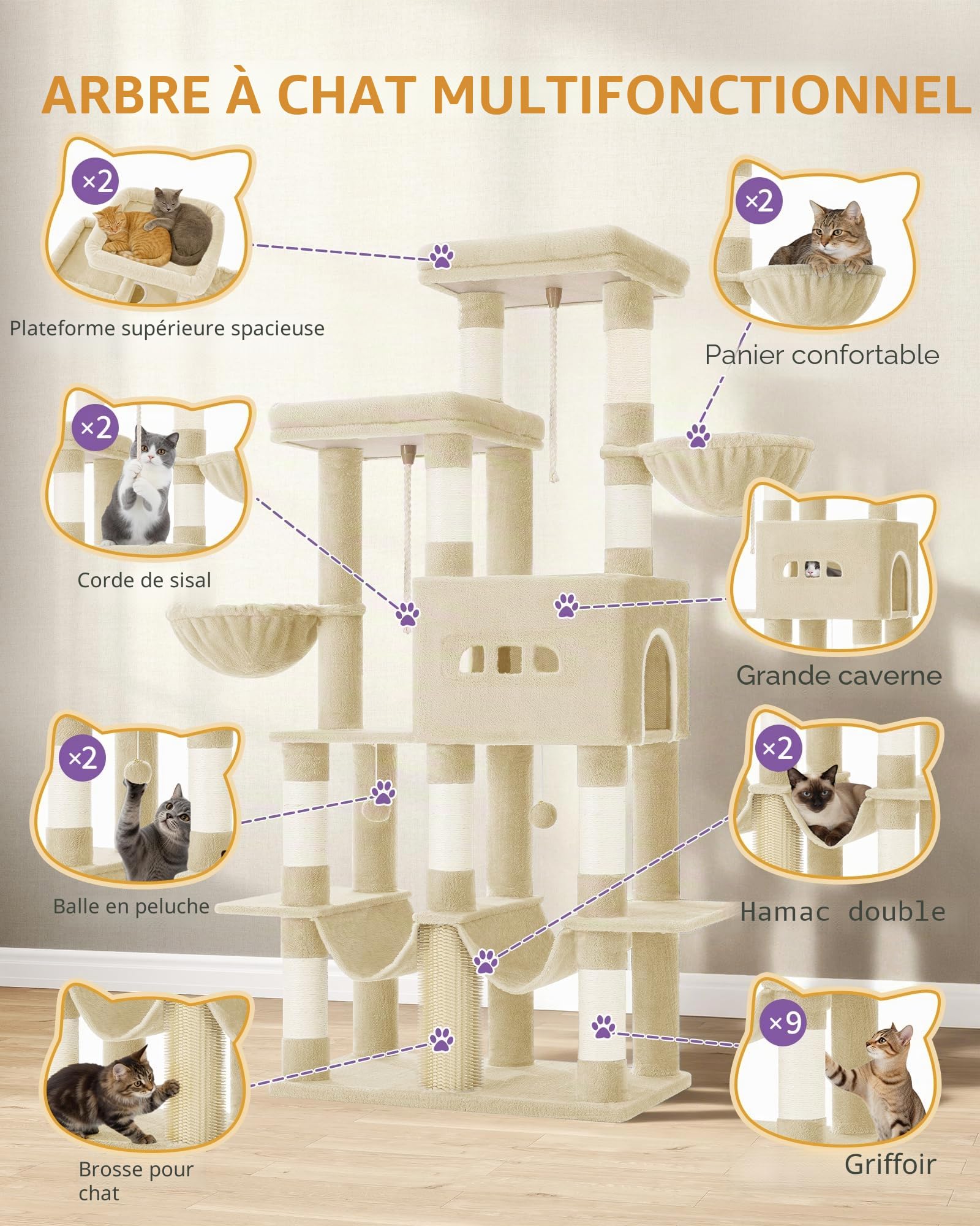 Hzuaneri Arbre à Chat, 176 cm, 2 Plateformes Extra-Larges, Beige | 2 Grande Grottes, 9 Poteaux à Griffer en Sisal, 2 Hamacs, Panier pour Chat, Pompons, Convient aux Chats Maine Coon, MS17218YL