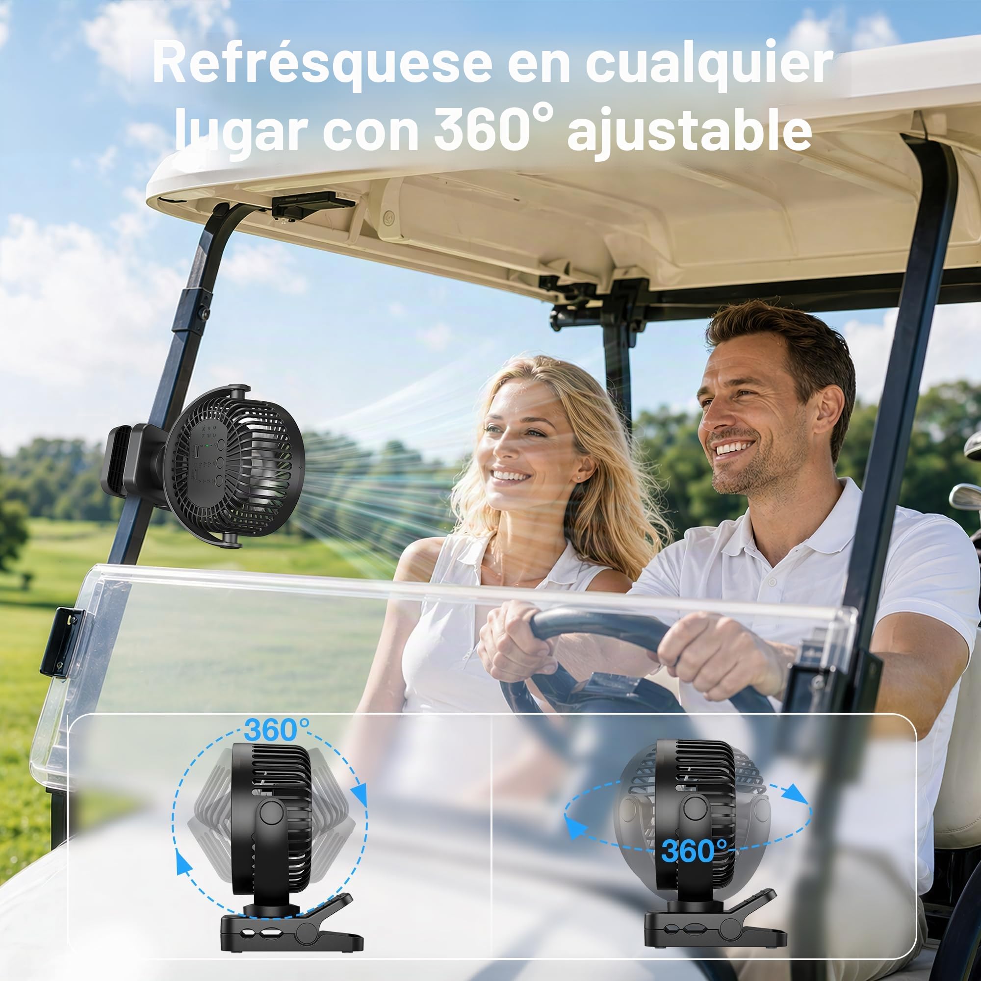 USB Ventilador Portátil Recargable 12000mAh 4 en 1 Ventilador Mesa Pinza Magnético con Mando 3 Velocidades Luz LED Temporizador 360°, Ventilador Sobremesa para Coche Camping Carro Bebé, Negro