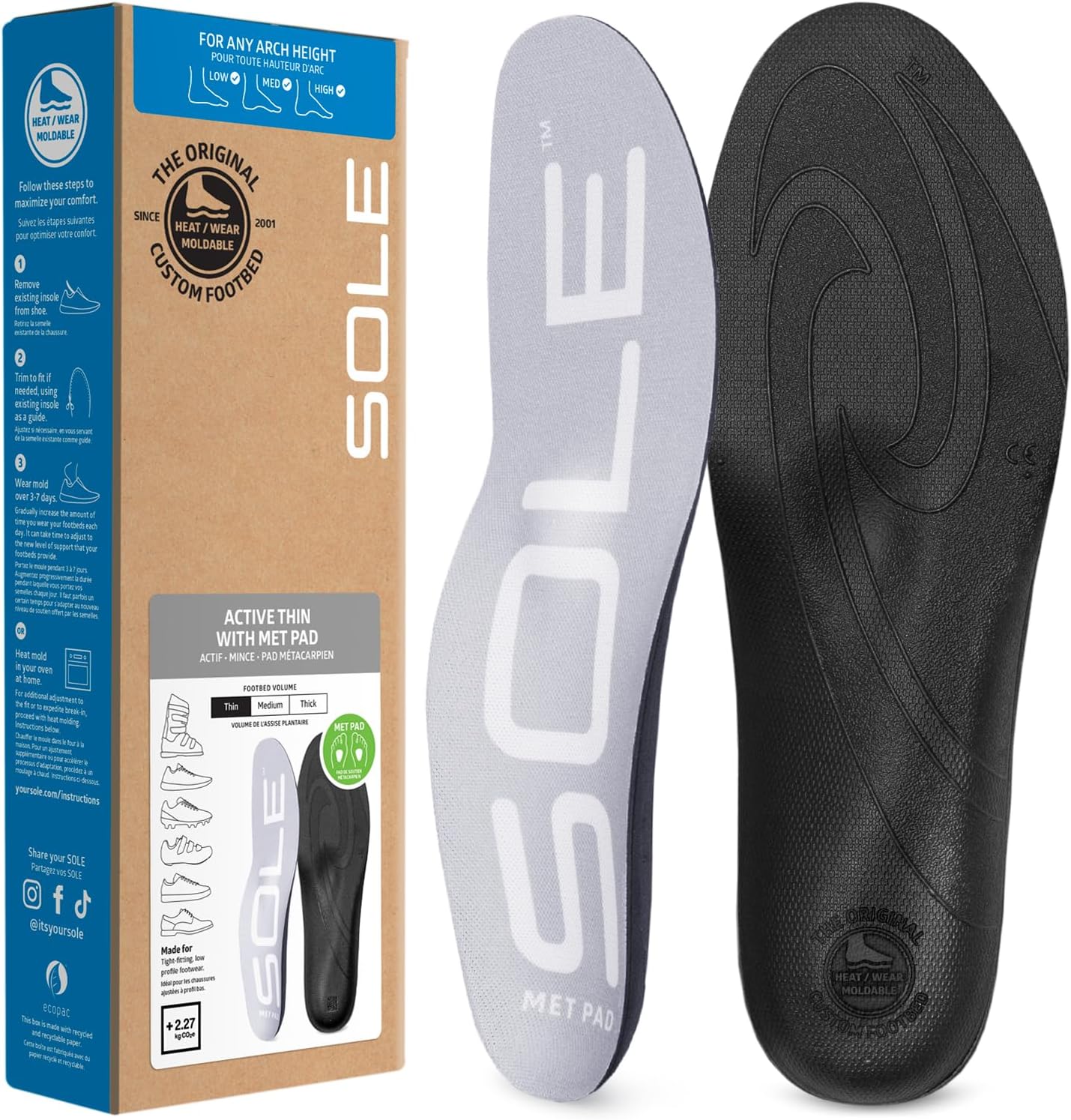 SOLE Active Thin Insoles - Custom Moldable Orthotic Support for Any Arch Type, Plantar Fasciitis Relief - Multiple Sizes, Metpads, Mens Size 6 / Womens Size 8