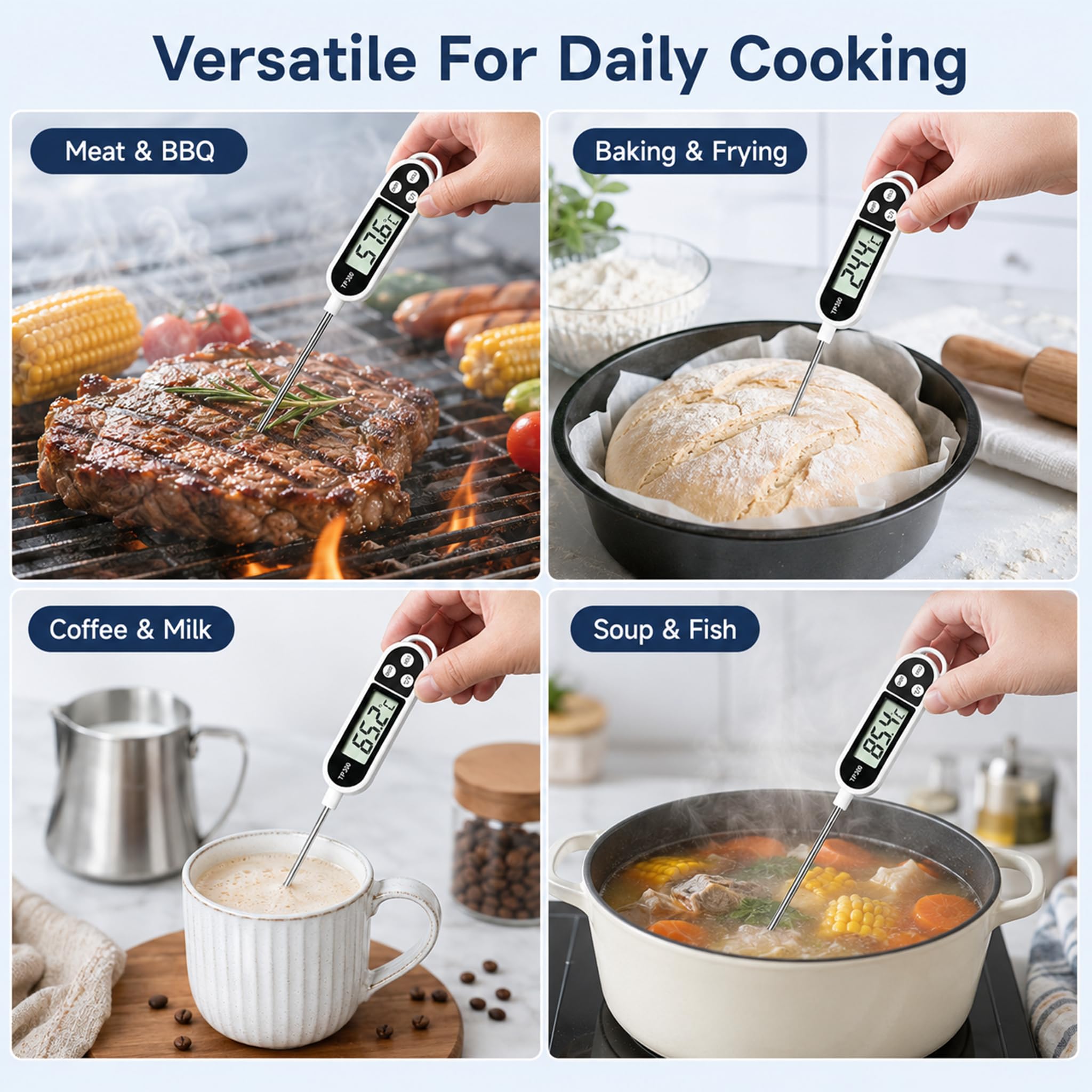 2 Stück Digitales Küchenthermometer, Thermometer für Lebensmittel, Digitale mit Edelstahl Sonde, Lebensmittelthermometer für Grillen Kochen Backen Fleischtemperatur, LCD Grillthermometer ℃℉ Anzeige