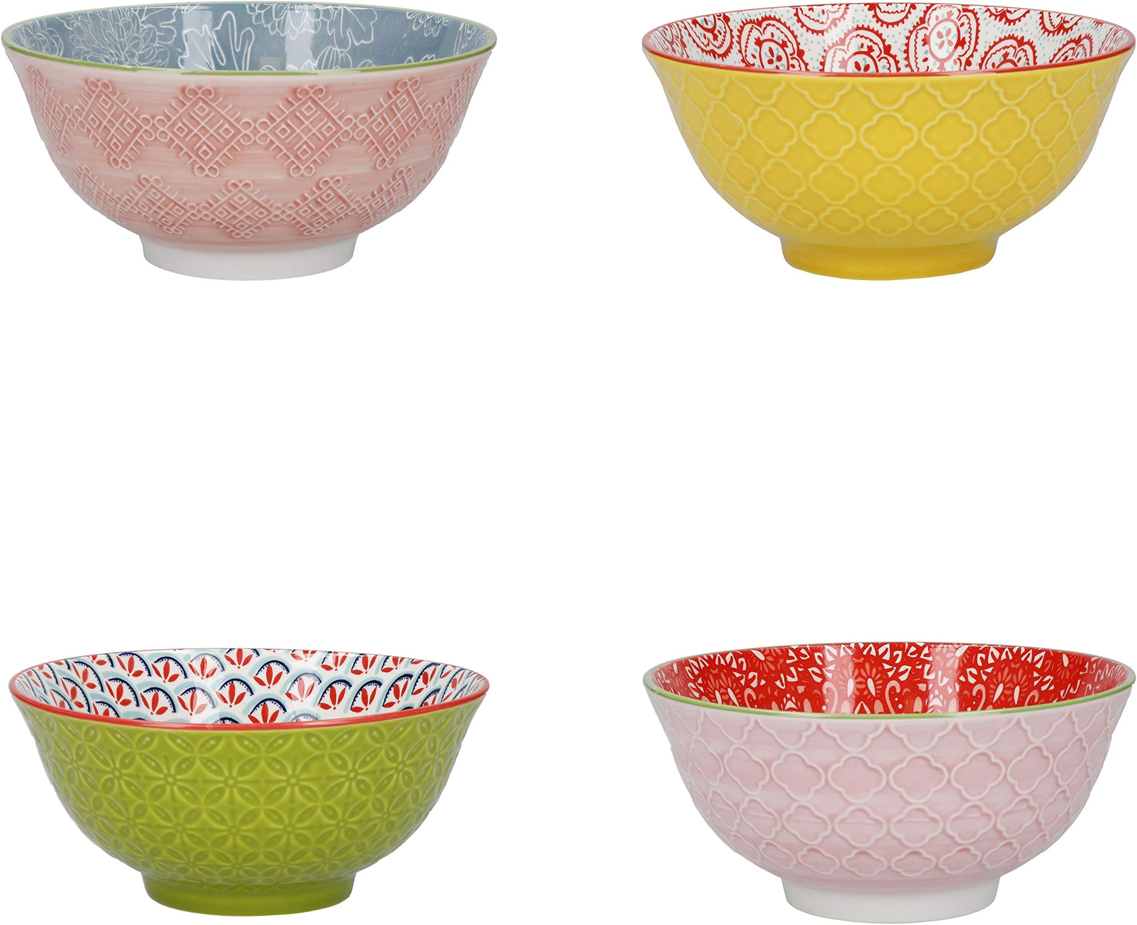 KitchenCraft Patterned Cereal Bowl Set of 4 in Gift Box, Ceramic Serving Bowls Ideal for Ice Cream, Soup and More, 'Brights' Designs, 15cm