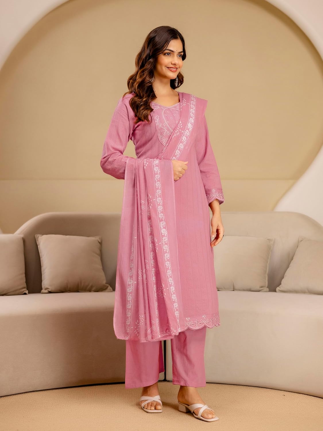 TRENDMALLS Women’s Pure Cotton Embroidery Sequence Work Kurta Pant with Printed Dupatta Set