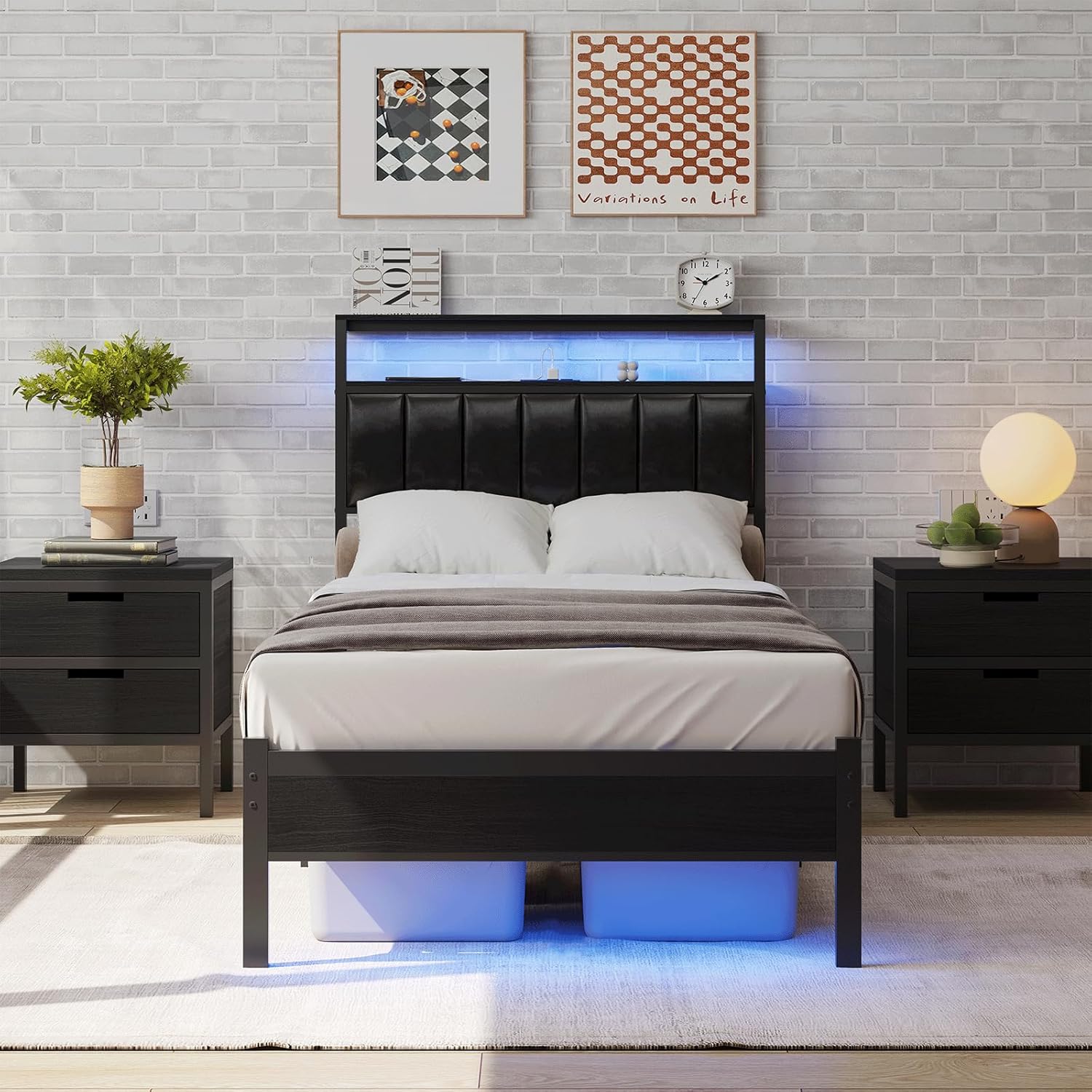 CollaredEagle Twin Size Bed Frame with LED lights and charging station
