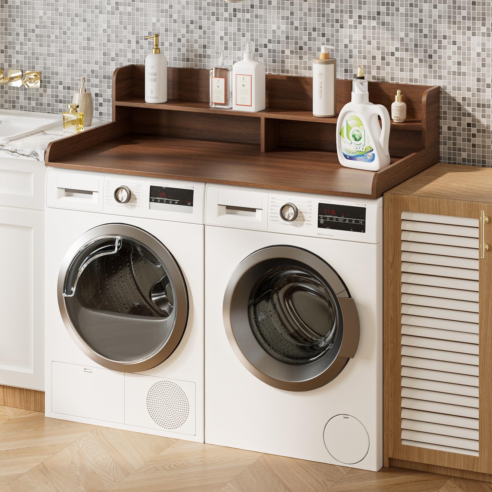Arbeitsplatte für Waschmaschine und Trockner mit 2-stufigem Regal, Wasserabweisende Waschmaschinenabdeckung, Waschmaschinenregal mit Anti-Rutsch-Pads, Abdeckung Waschmaschine Holz, Walnuss