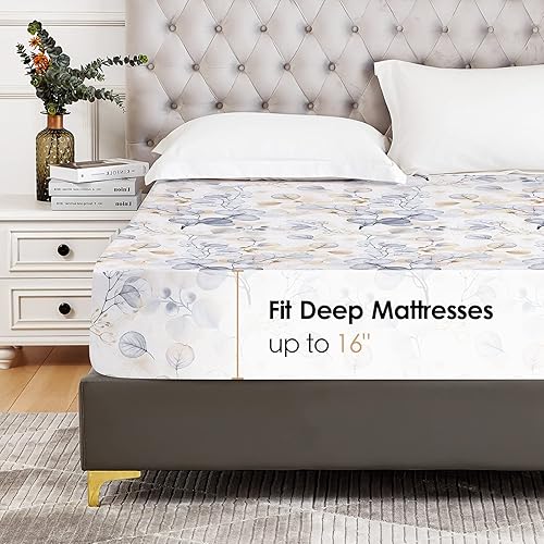 Miniatura 2 de YIYEA Sábana bajera ajustable individual  Estampado vegetal  100% microfibra cepillada de 1800 hilos tamaño individual  Ultra suave  Bolsillo