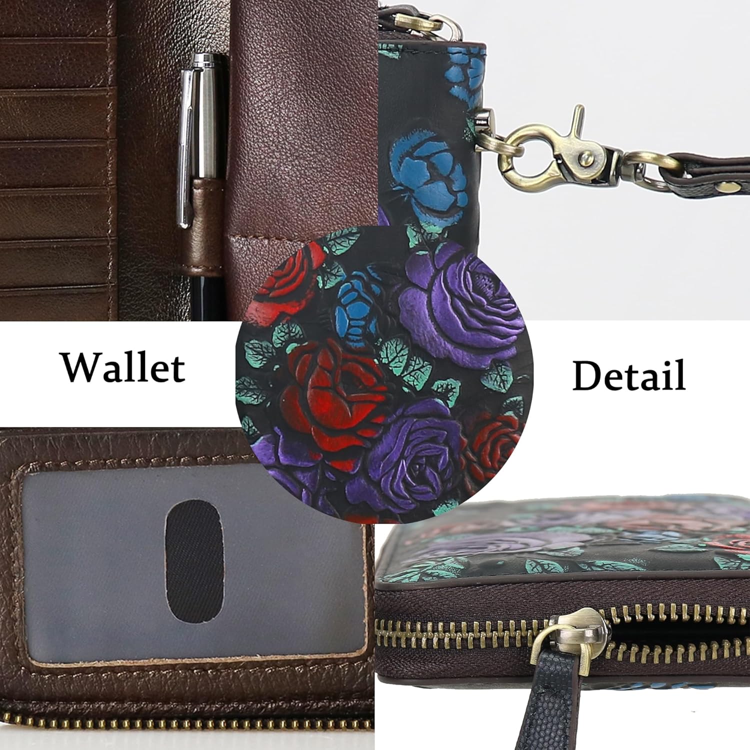 Women’s RFID Blocking Wallet Leather Large Capacity Credit Card Clutch With Hand Strap (Black)